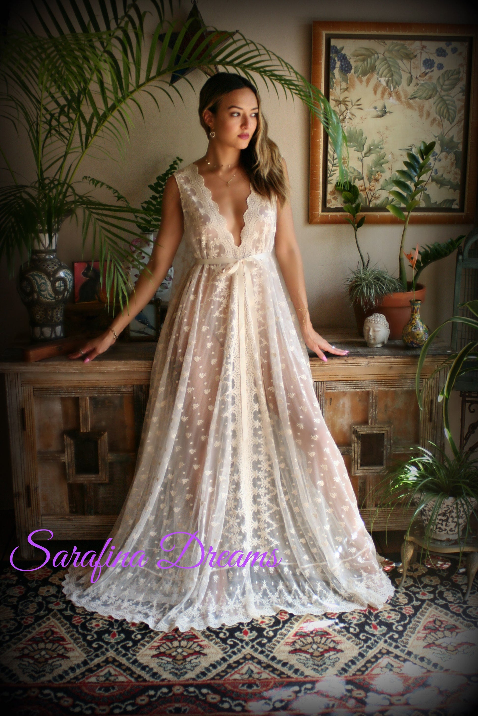 Embroidered Ivory Lace Backless Nightgown Bridal Lingerie Lace Sleepwear Nightgown Bridal Nightgown Wedding Sleepwear Wedding Lingerie