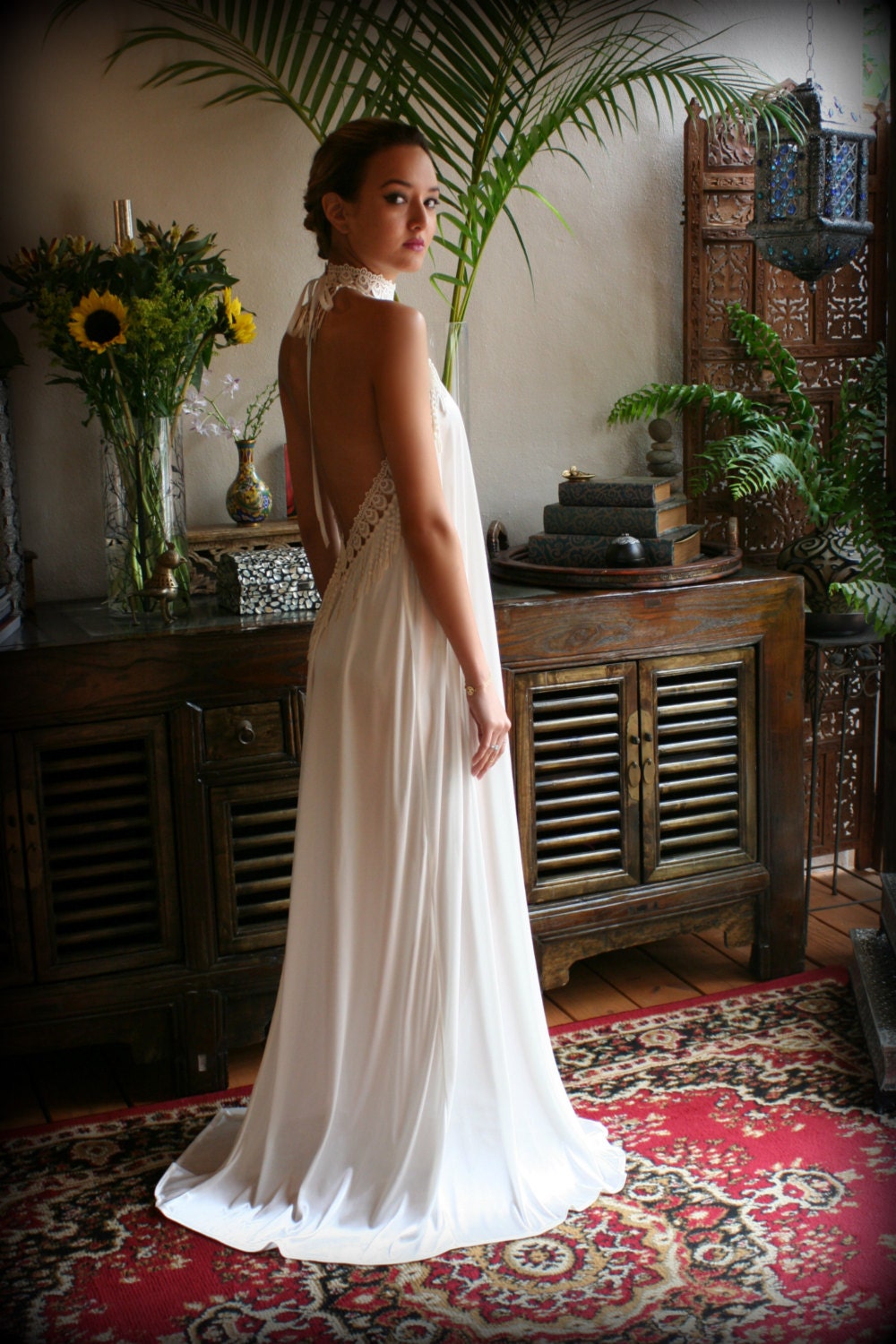 Bohemian Backless Satin Nightgown Bridal Lingerie Wedding Nightgown Peacock Lace Halter Gown Honeymoon Lingerie