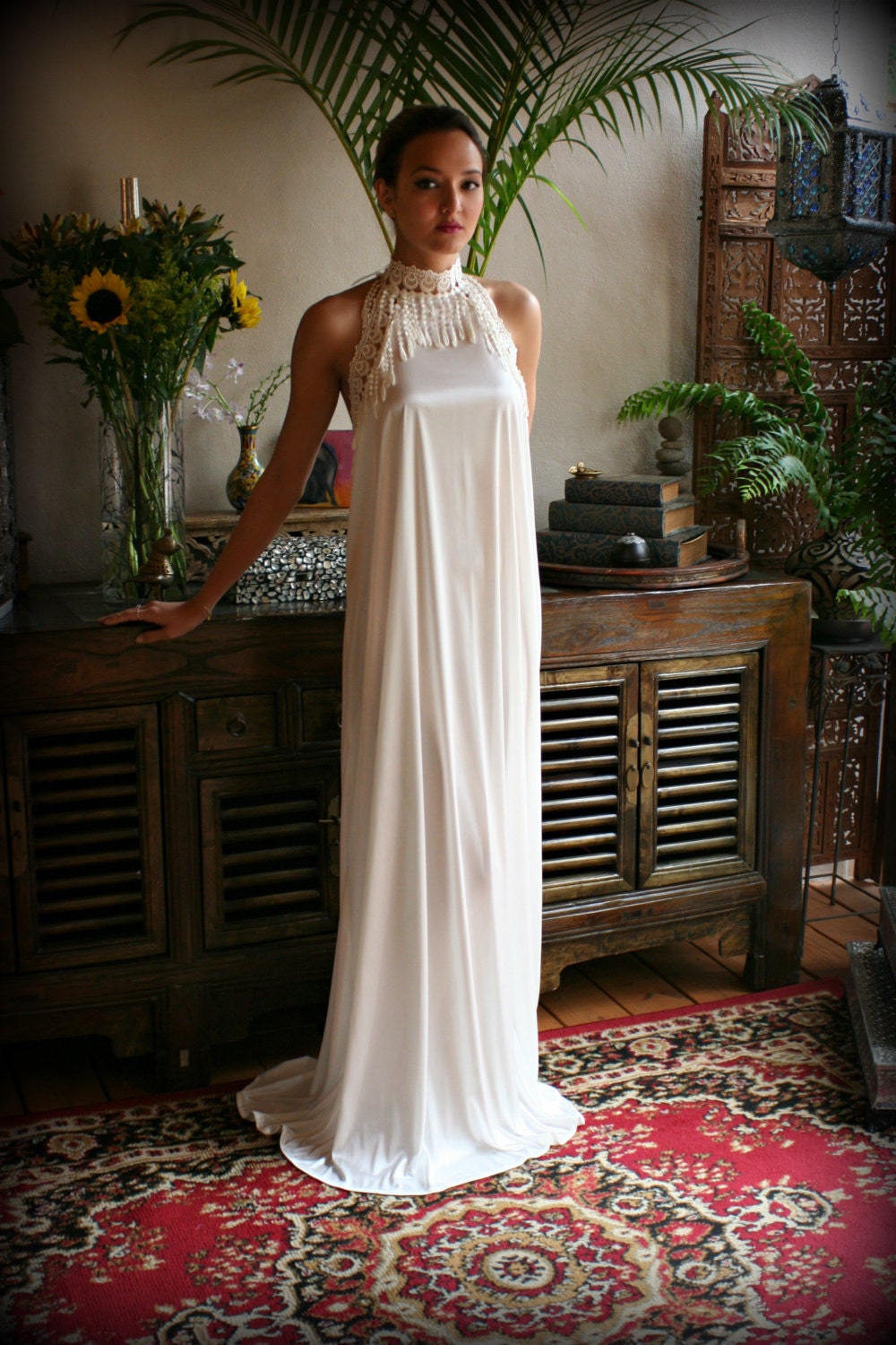Bohemian Backless Satin Nightgown Bridal Lingerie Wedding Nightgown Peacock Lace Halter Gown Honeymoon Lingerie