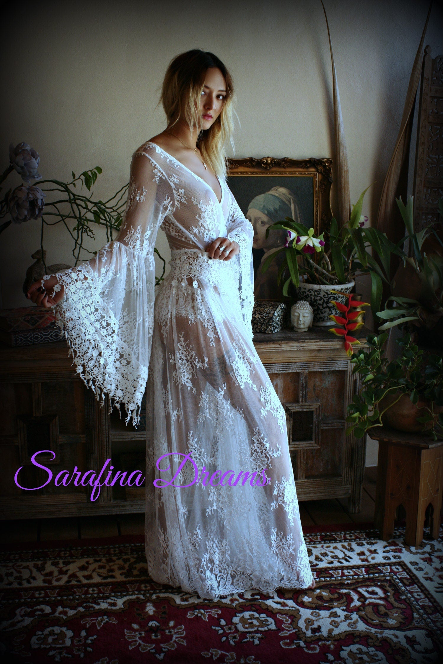 Bridal Lace Backless Robe With Panties Wedding Sleepwear Bridal Lingerie  Off White Lace Lingerie Lace Lingerie Honeymoon Lingerie