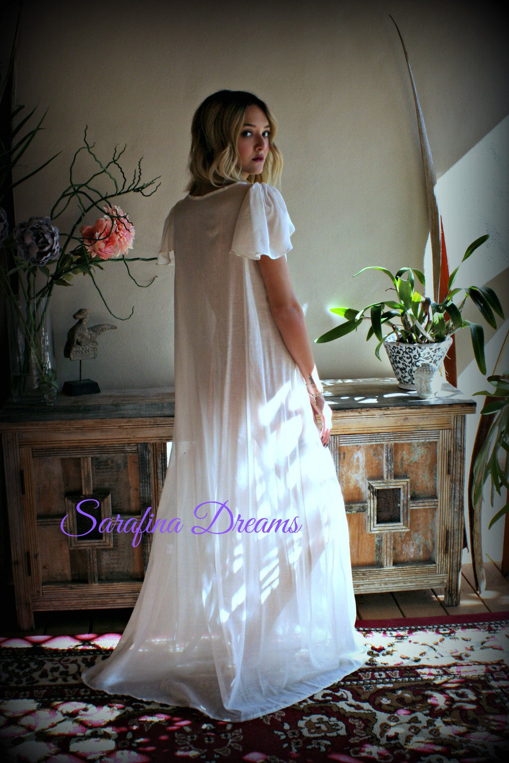 100% Cotton Nightgown Flutter Sleeve Tie Open Bodice  Lingerie Sleepwear White Nightgown Cotton Lingerie Honeymoon Cotton Sleepwear