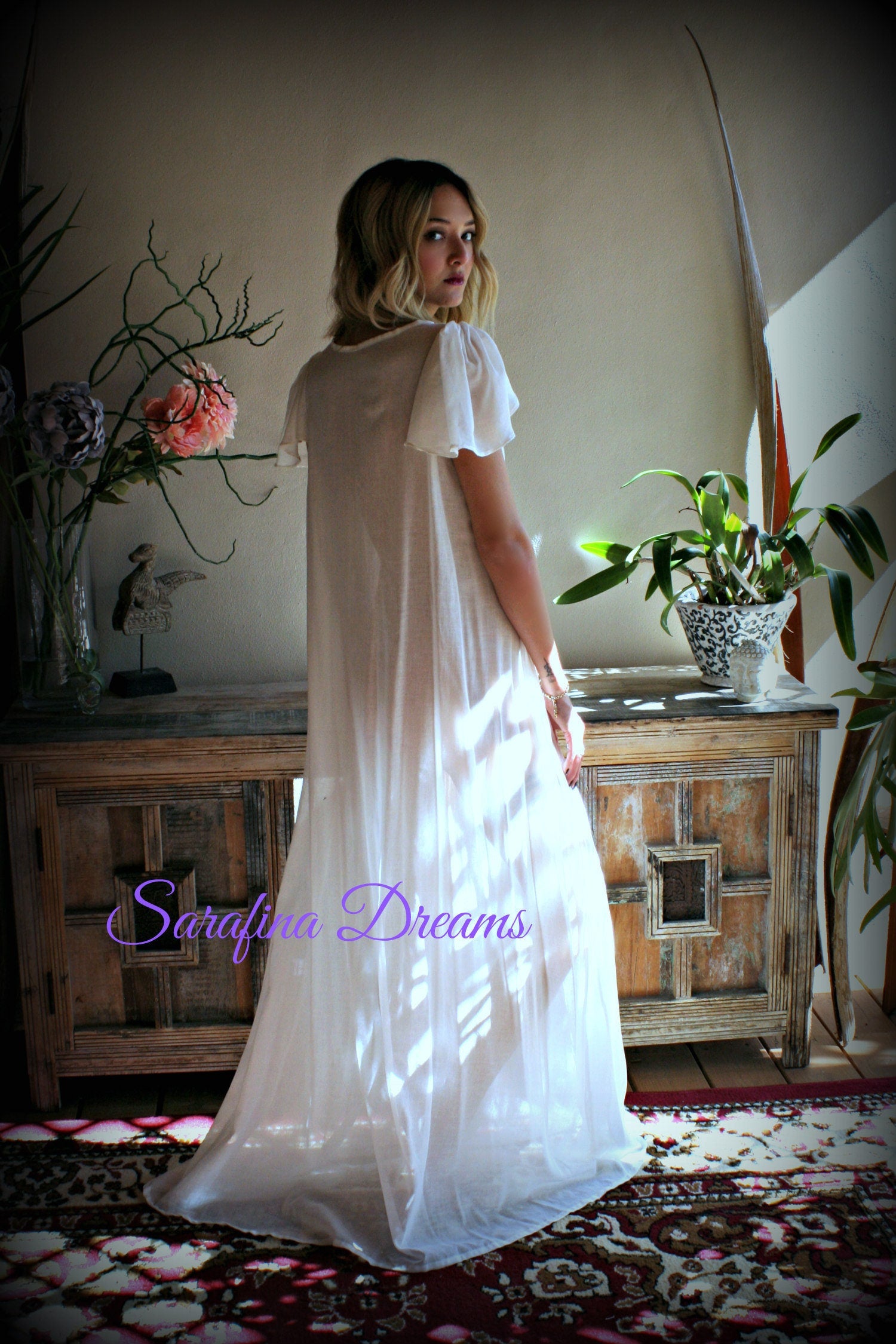 100% Cotton Nightgown Flutter Sleeve Tie Open Bodice  Lingerie Sleepwear White Nightgown Cotton Lingerie Honeymoon Cotton Sleepwear