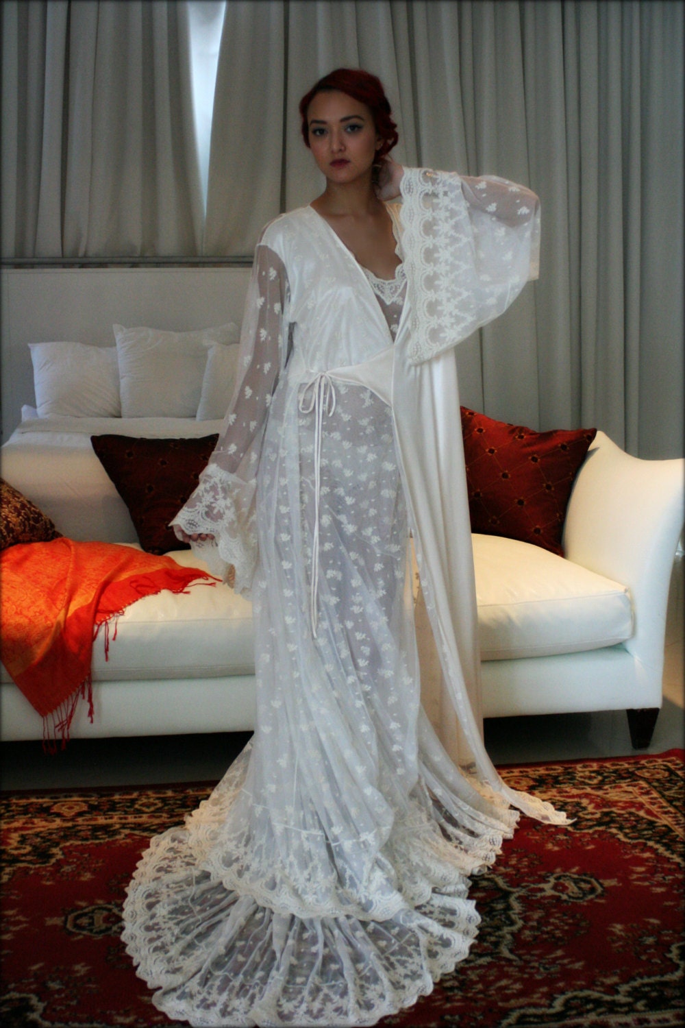Embroidered Lace Bridal Robe French Lace Wedding Robe Bridal Lingerie Wedding Sleepwear Art Deco Lace Robe Wedding Trousseau Honeymoon Robe
