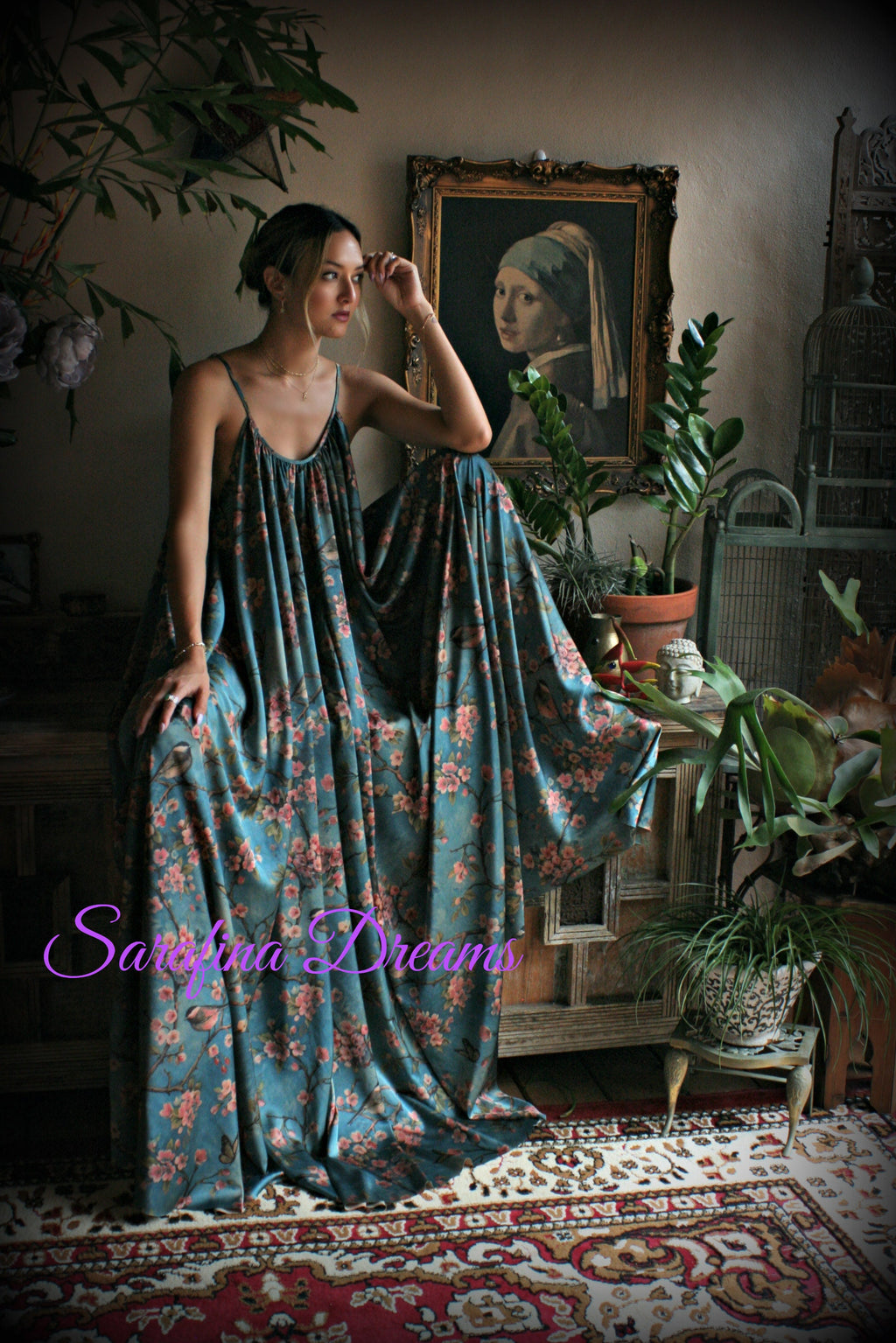Satin Bridal Nightgown Bird Print Bohemian Chic Satin Lingerie Satin Bridal Honeymoon Sleepwear Blue Satin Nightgown Bridal Lingerie
