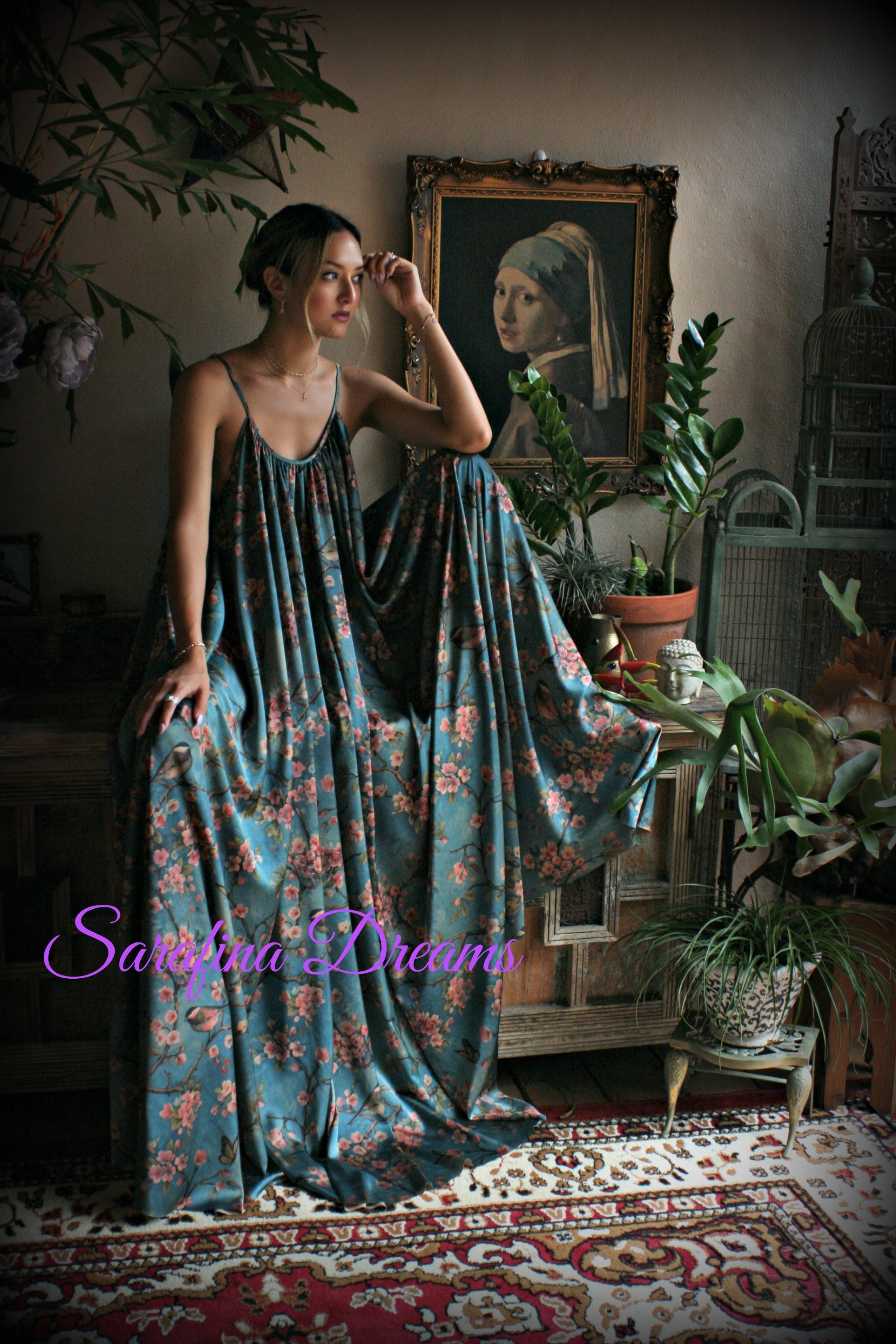 Satin Bridal Nightgown Bird Print Bohemian Chic Satin Lingerie Satin Bridal Honeymoon Sleepwear Blue Satin Nightgown Bridal Lingerie