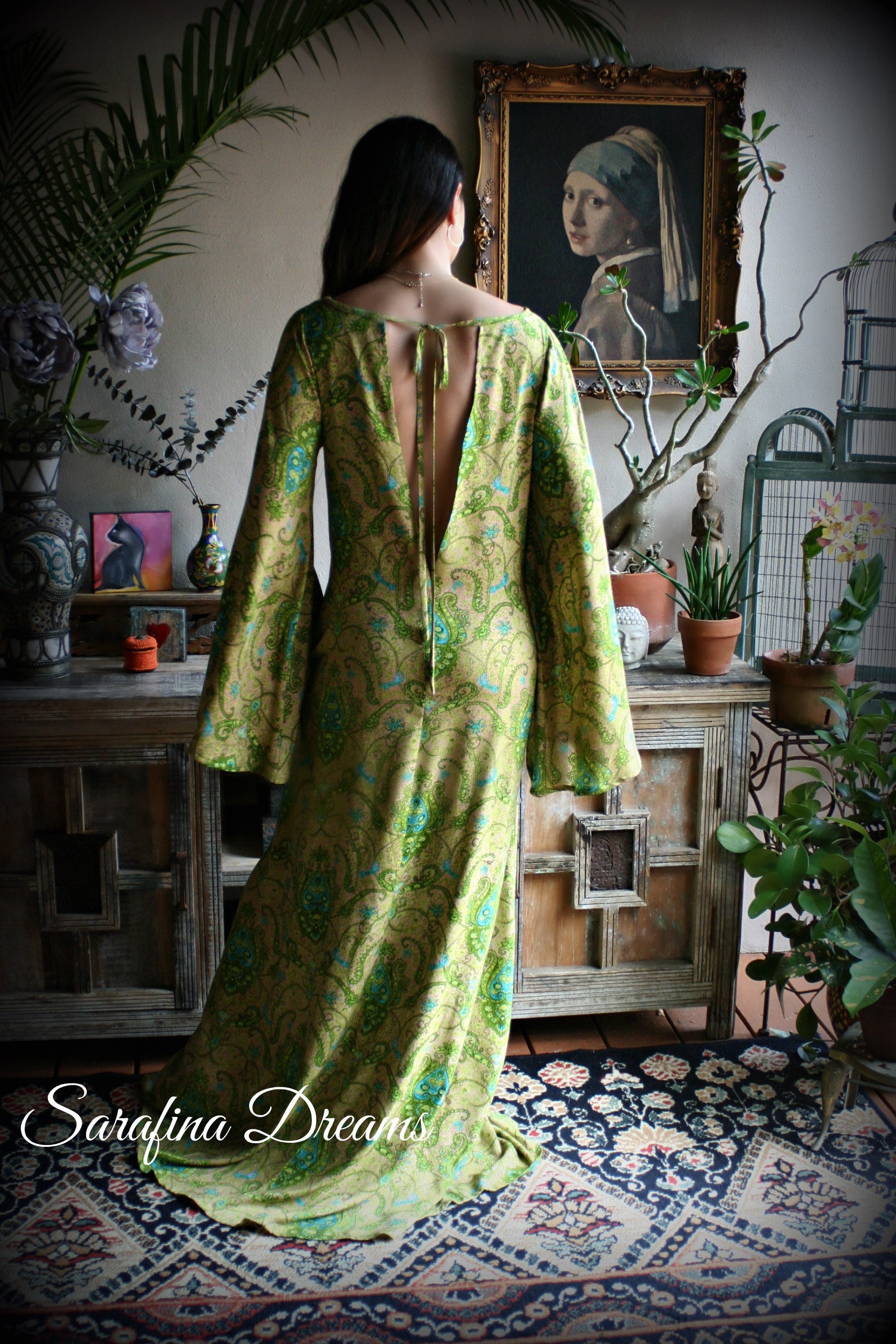 Rayon Nightgown Green Bohemian Print Caftan Sleepwear Backless Dress Nightgown Bridal Nightgown Lingerie Bridal Lingerie