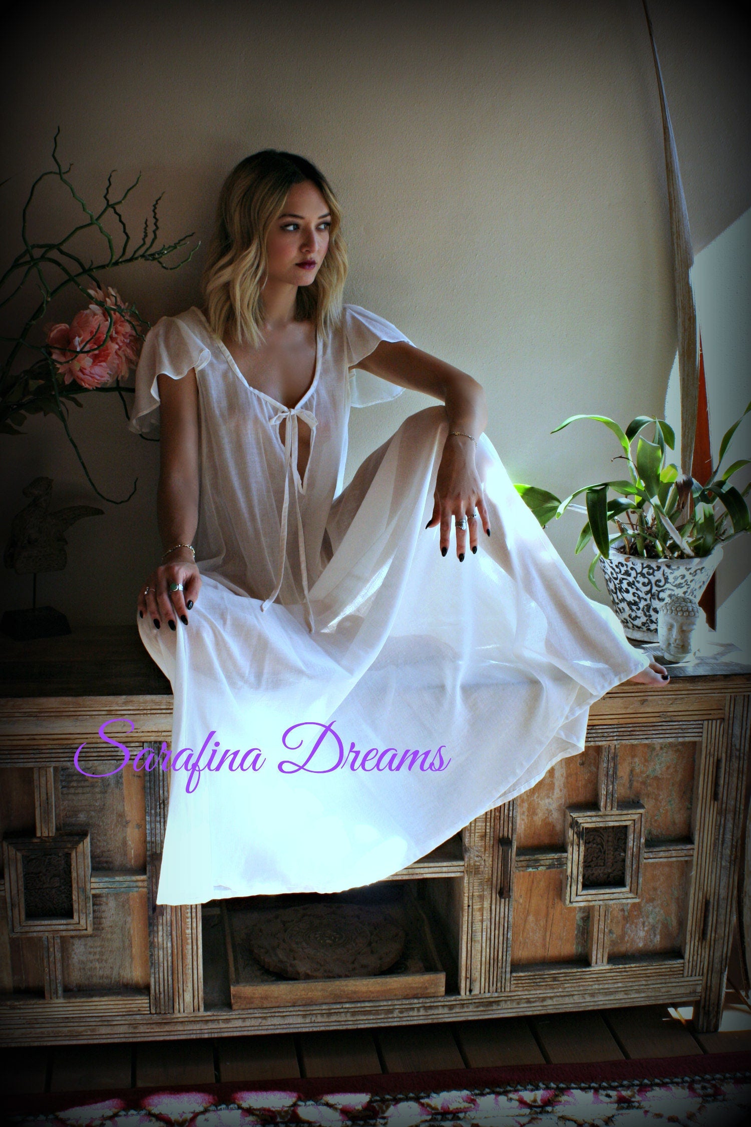 100% Cotton Nightgown Flutter Sleeve Tie Open Bodice  Lingerie Sleepwear White Nightgown Cotton Lingerie Honeymoon Cotton Sleepwear