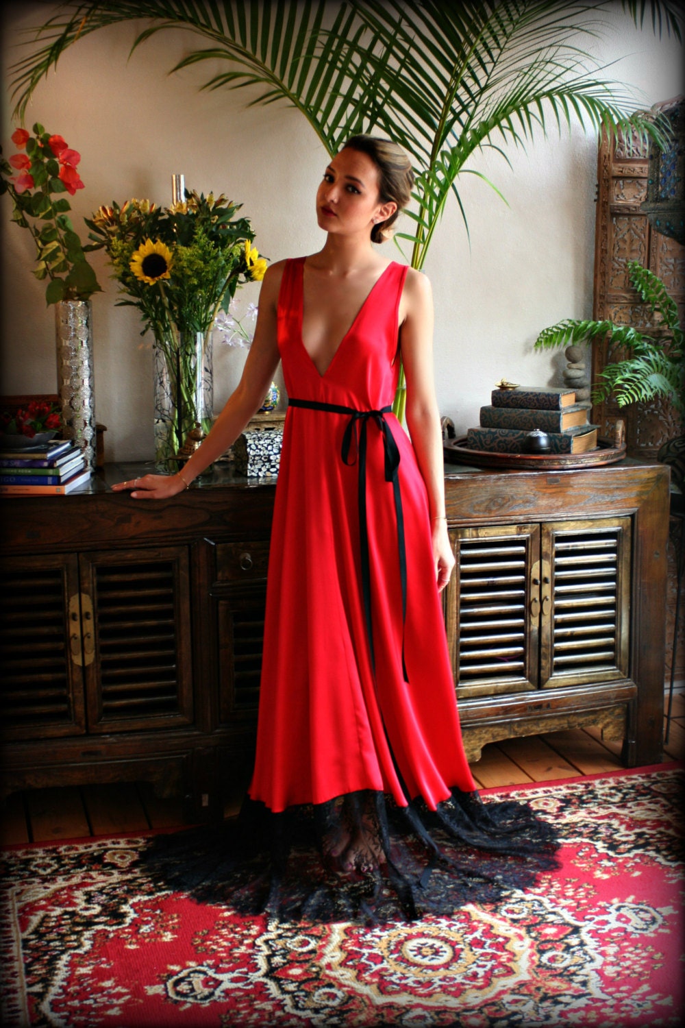 Lipstick Red Satin Nightgown Black Lace Trim Red Lingerie Red Sleepwear