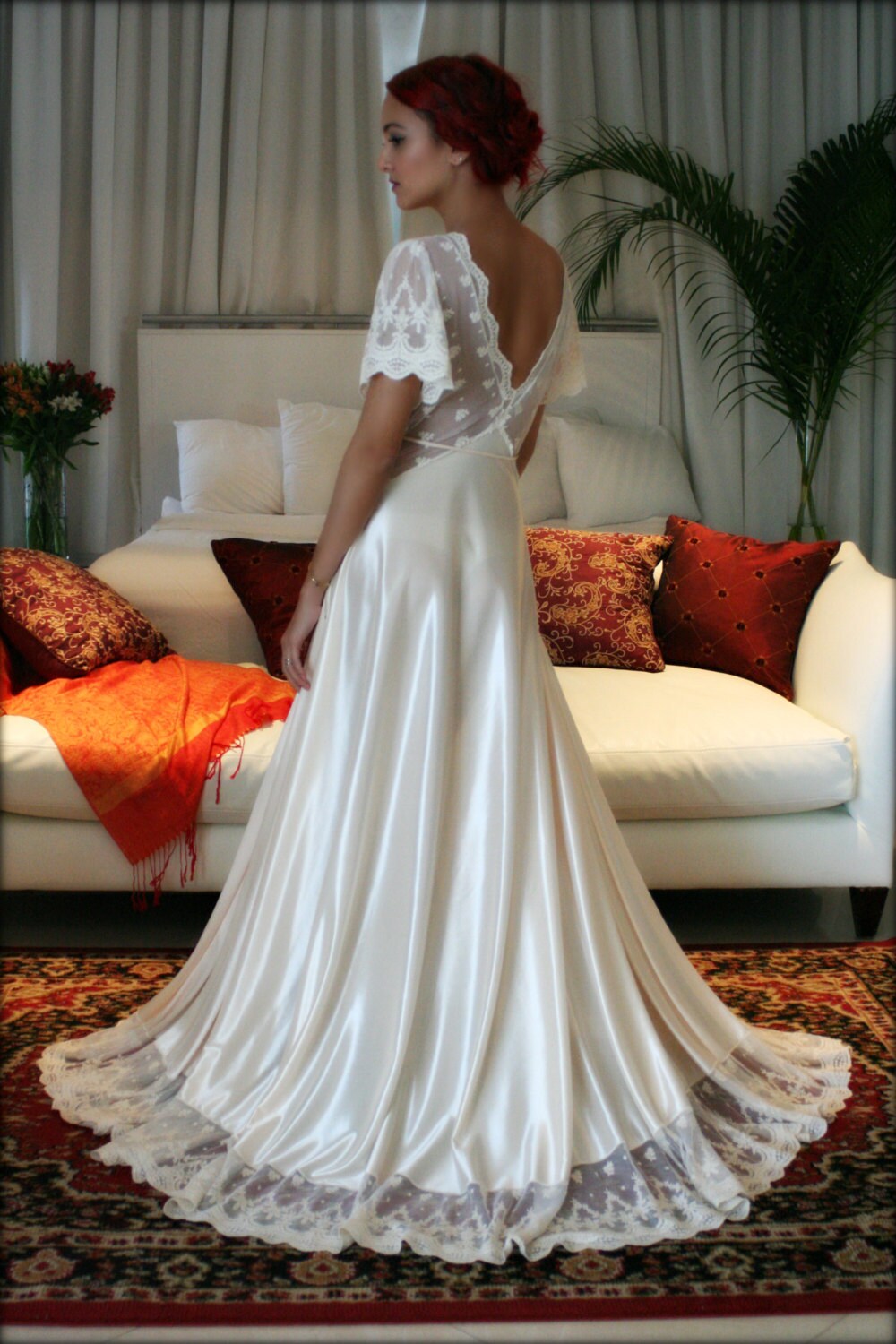 Bridal Nightgown Amelia Satin Embroidered Lace Wedding Lingerie Bridal Sleepwear Champagne Satin Bridal Gown Trousseau Sleepwear Honeymoon