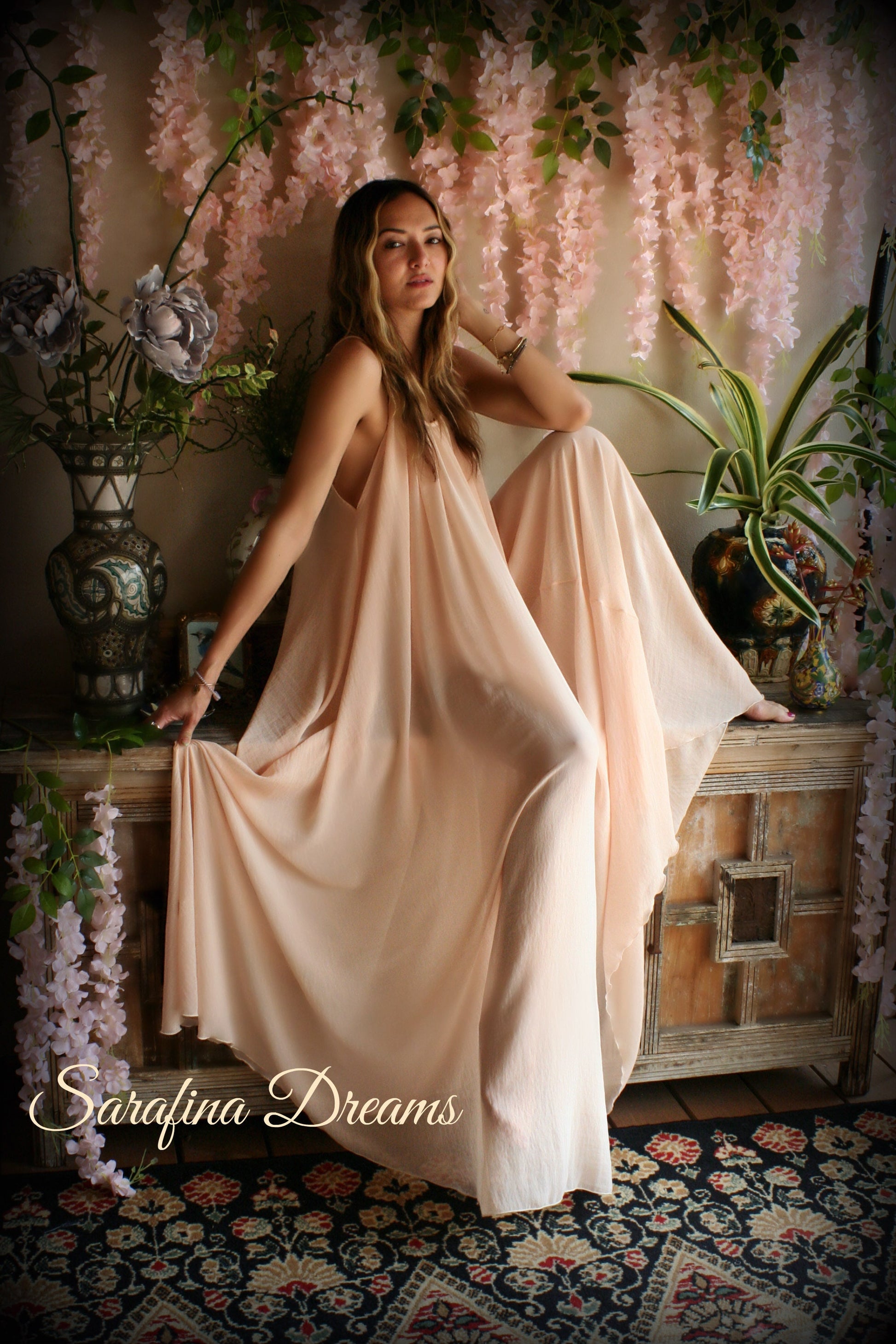 Blush Chiffon Bridal Nightgown Wedding Lingerie Chiffon Sleepwear Full Sweep Nightgown Honeymoon Trousseau Sleepwear wedding Sleepwear