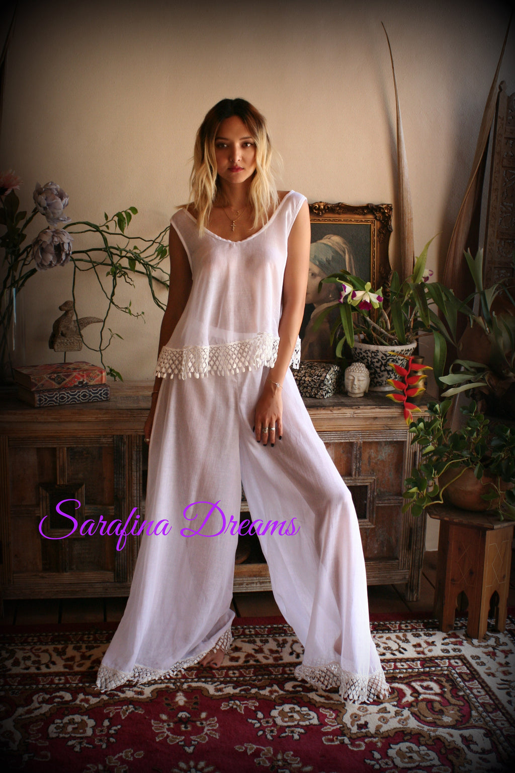 Cotton Pajama Palazzo Pant Venice Lace Swing Top Bridal Honeymoon Wedding Lingerie Bridal Lingerie Cotton Lingerie White Cotton