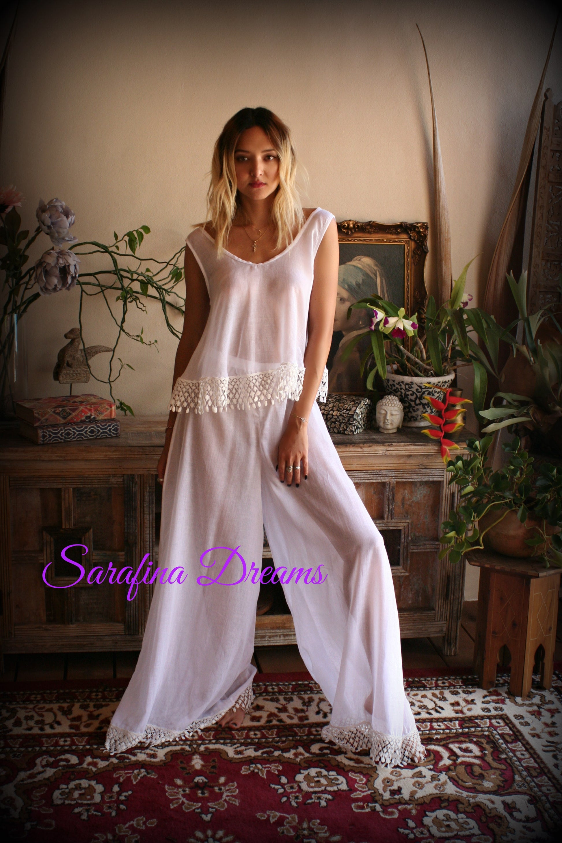Cotton Pajama Palazzo Pant Venice Lace Swing Top Bridal Honeymoon Wedding Lingerie Bridal Lingerie Cotton Lingerie White Cotton