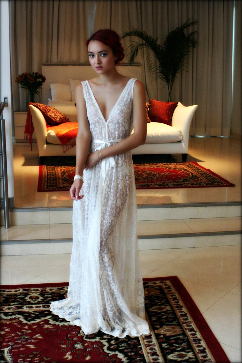 Lace Bridal Nightgown French Lace Wedding Lingerie Bridal Sleepwear Backless Wedding Sleepwear Bridal Lingerie Ivory Lace Nightgown