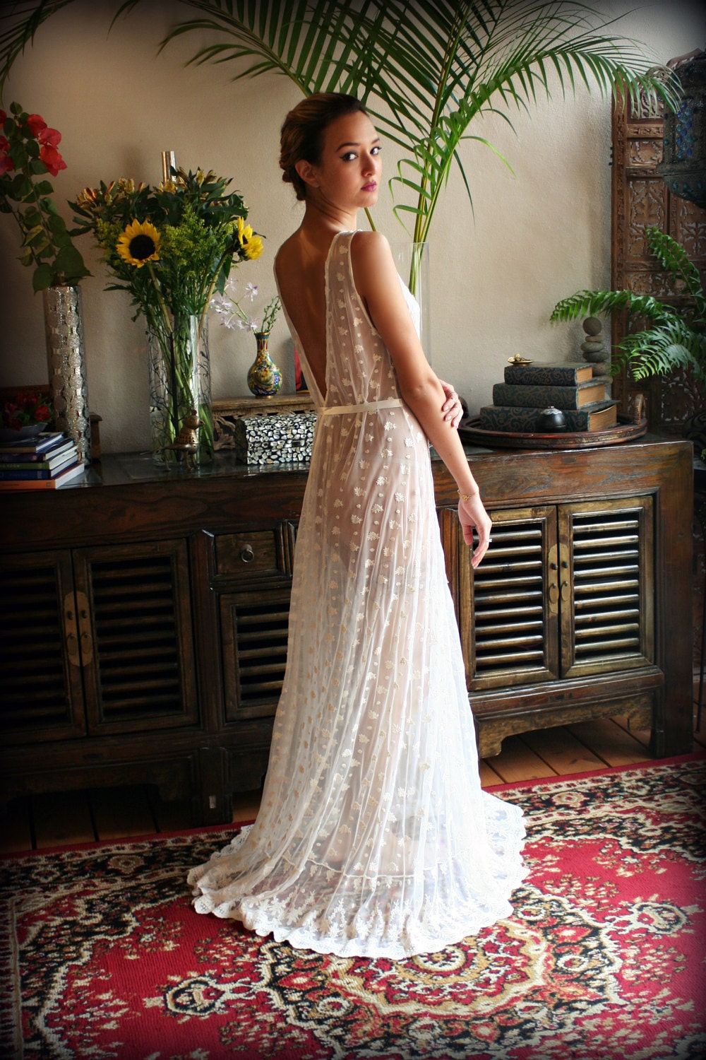 Embroidered Mesh Lace Nightgown Bridal Lingerie WeddingArt Deco Sleepwear Bridal Nightgown Ivory Lace Honeymoon Trousseau Lingerie
