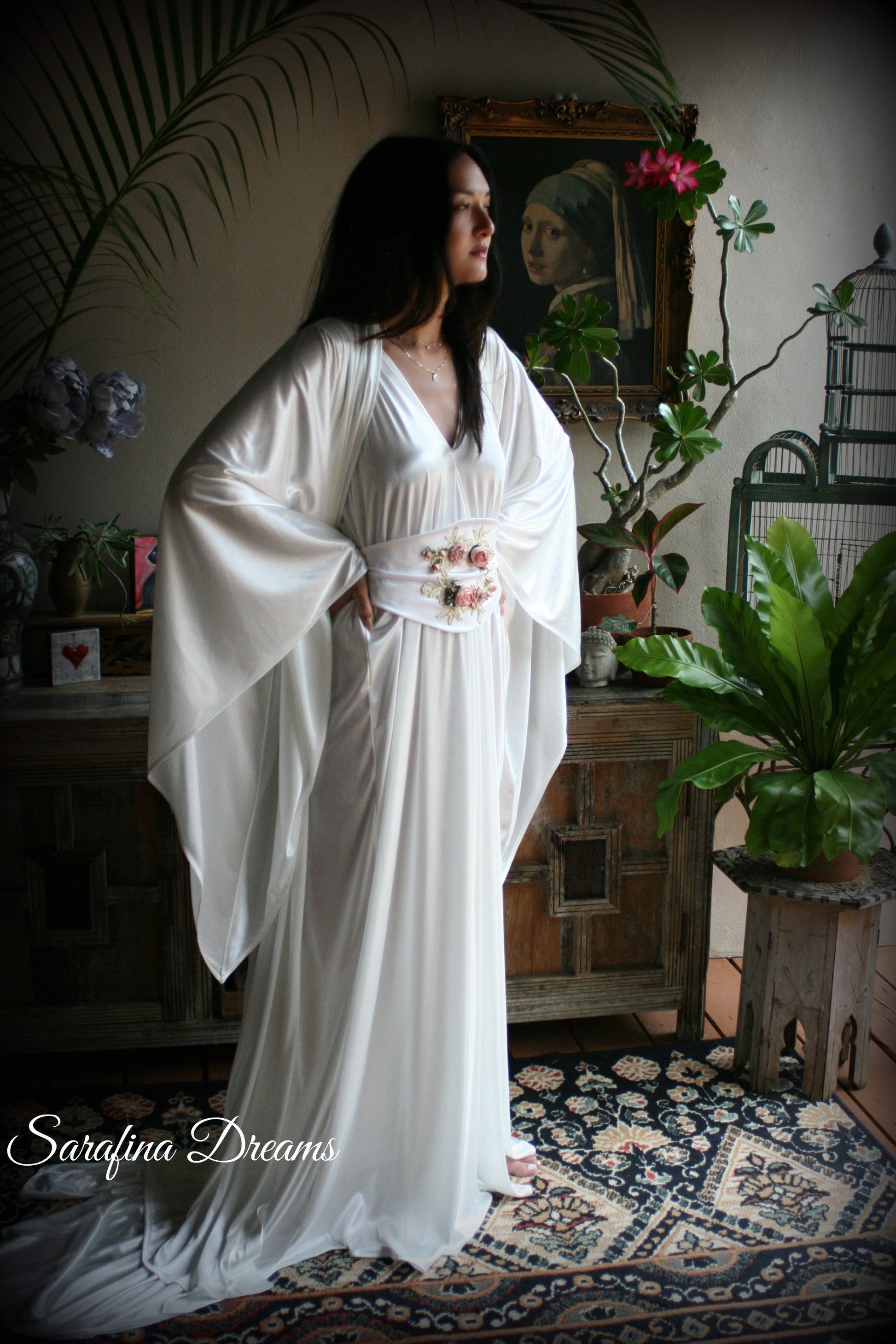 Satin Bridal Robe Angel Wing Sleeve Bridal Lingerie Wedding Sleepwear Bridal Satin Kimono Robe Wedding Apparel Bridal Kimono