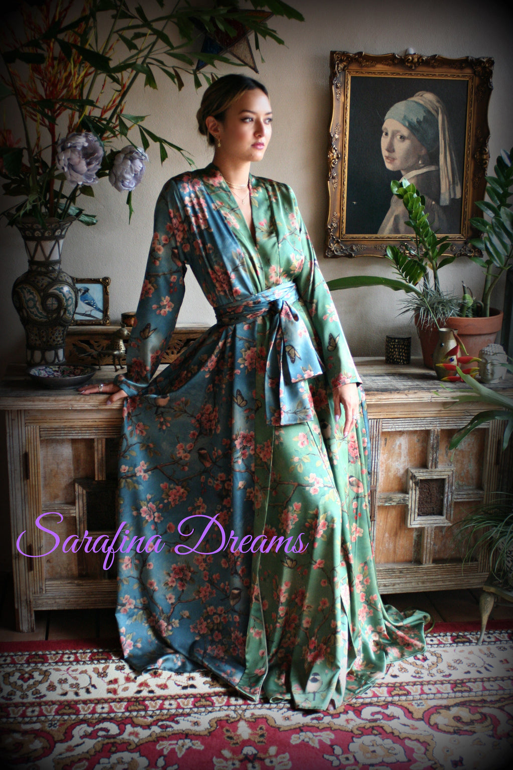 Satin Wrap Robe and Nightgown Set Bird Print Kimono Satin Lingerie Bridal Honeymoon Robe Green Blue Satin Robe Satin Bridal Lingerie SET
