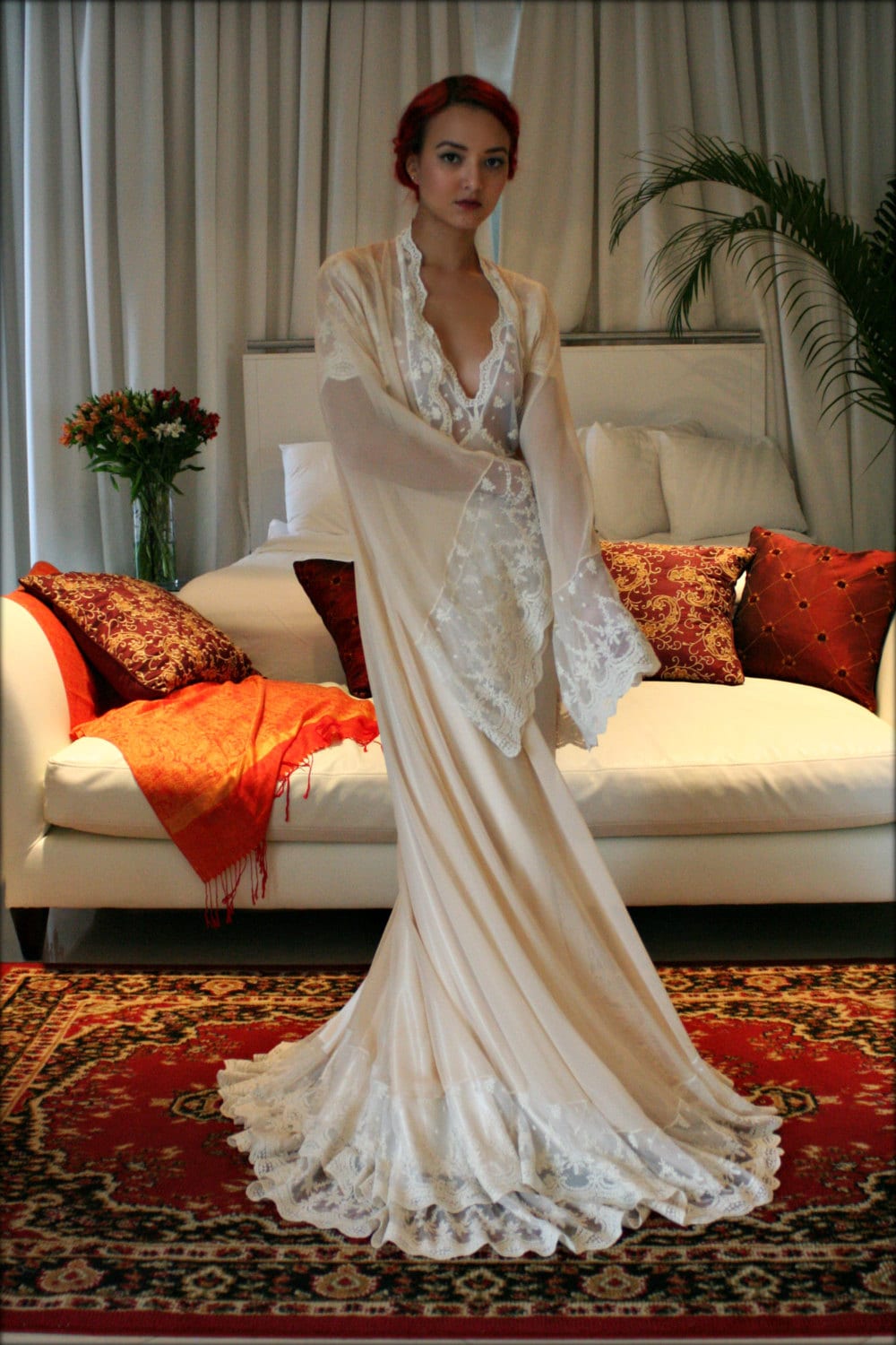 Bridal Silk Robe Champagne Chiffon Bridal Lingerie Wedding Robe Bridal Robe French Versailles Lace Bridal Sleepwear Wedding Sleepwear