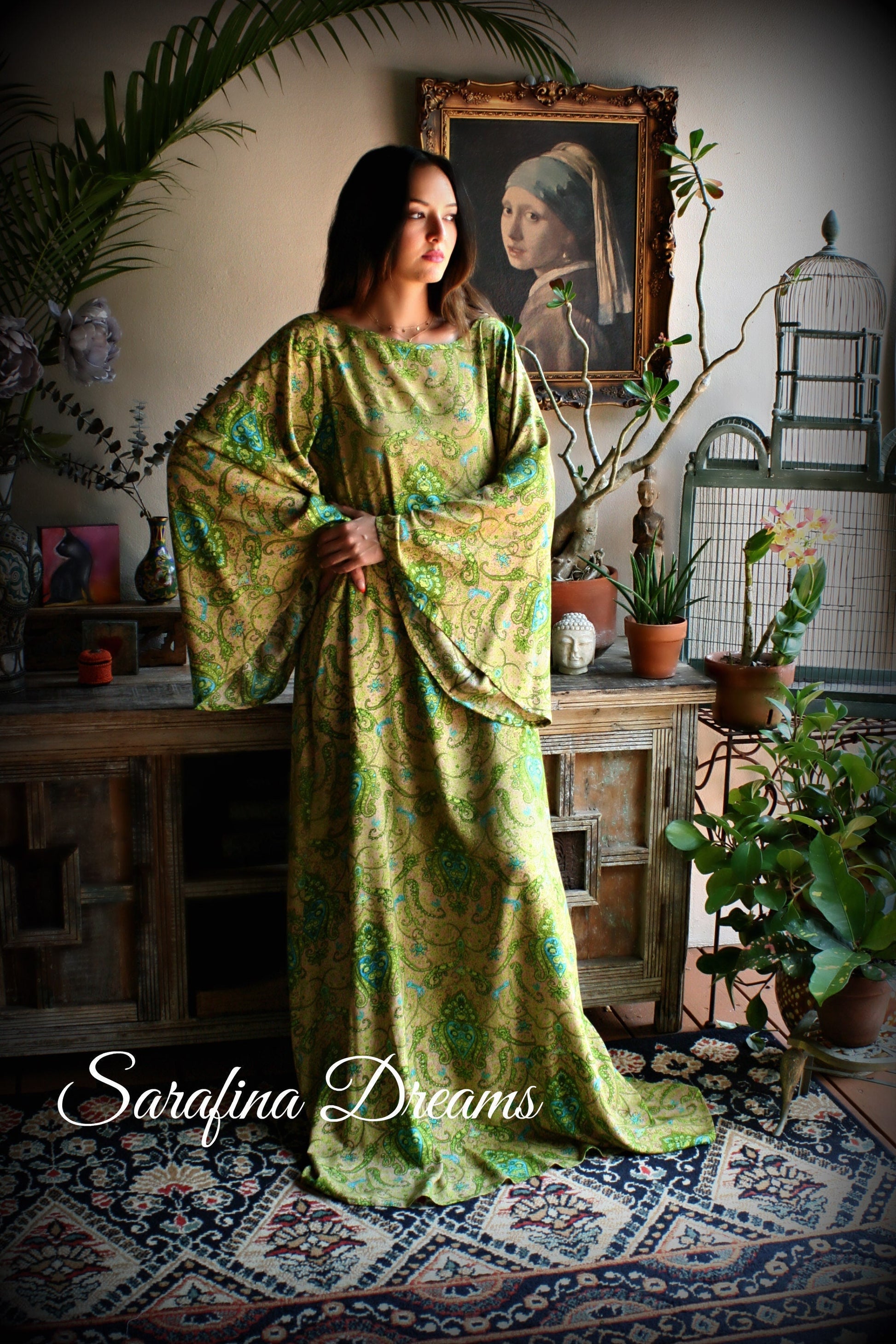 Rayon Nightgown Green Bohemian Print Caftan Sleepwear Backless Dress Nightgown Bridal Nightgown Lingerie Bridal Lingerie