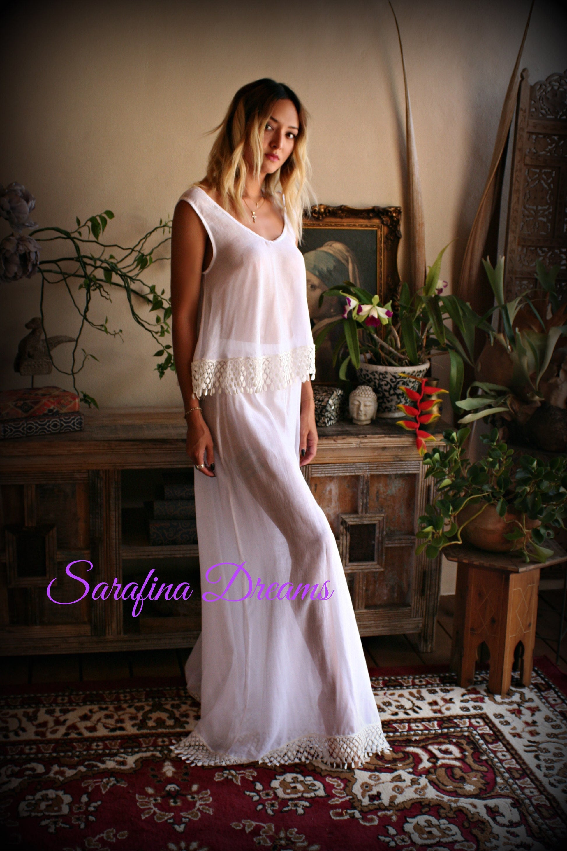 Cotton Pajama Palazzo Pant Venice Lace Swing Top Bridal Honeymoon Wedding Lingerie Bridal Lingerie Cotton Lingerie White Cotton