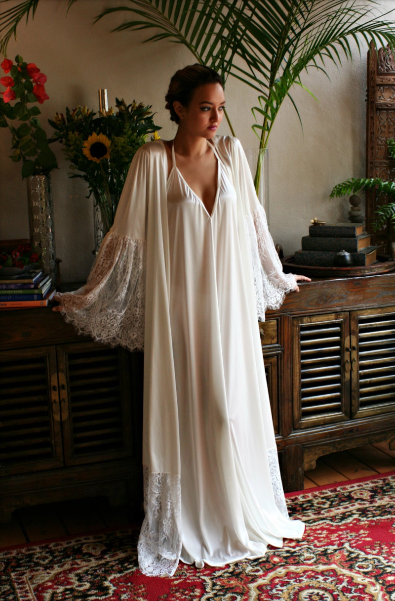 Satin Bridal Robe Lace Trimmed Angel Sleeve Wedding Sleepwear Bridal Lingerie Wedding Kimono Robe Satin Lingerie Wedding Robe