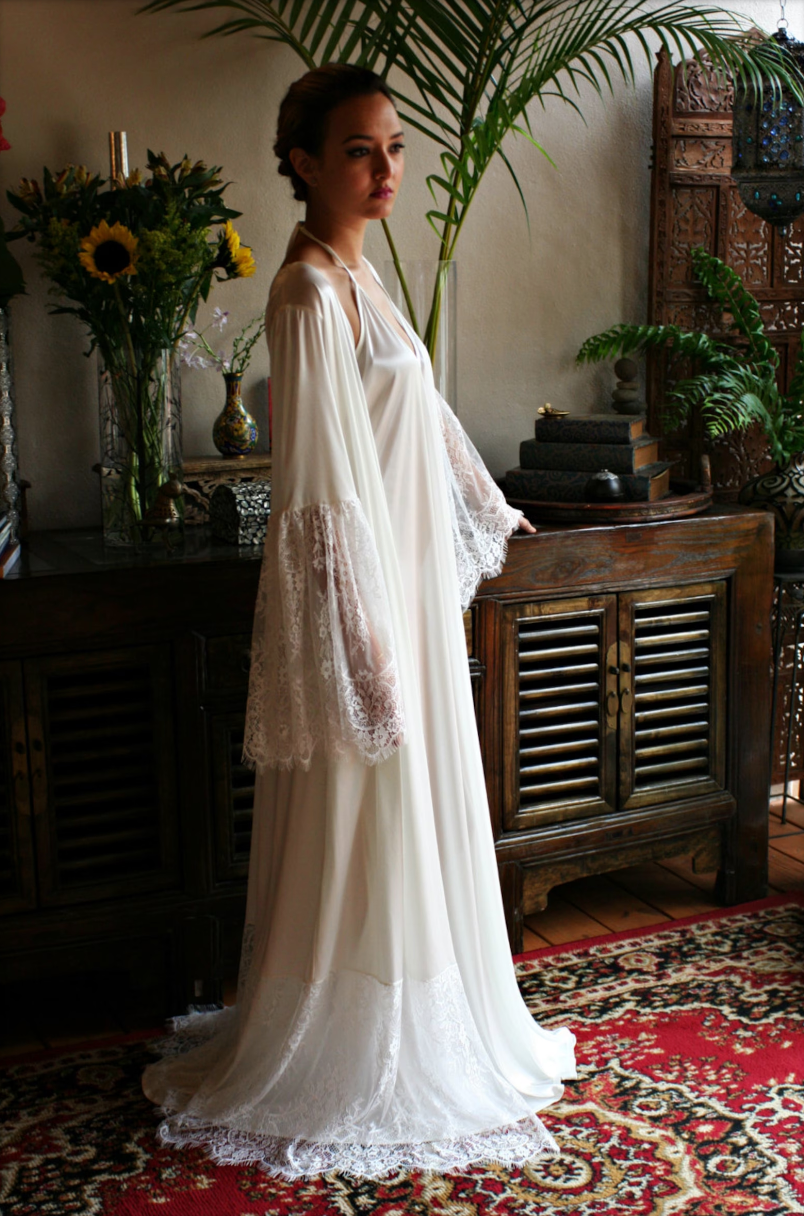 Satin Bridal Robe Lace Trimmed Angel Sleeve Wedding Sleepwear Bridal Lingerie Wedding Kimono Robe Satin Lingerie Wedding Robe
