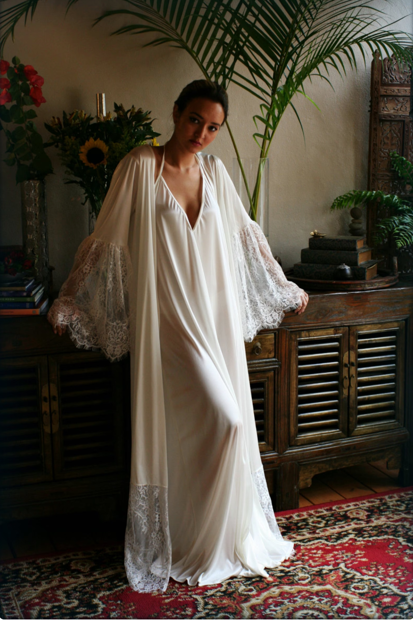 Satin Bridal Robe Lace Trimmed Angel Sleeve Wedding Sleepwear Bridal Lingerie Wedding Kimono Robe Satin Lingerie Wedding Robe