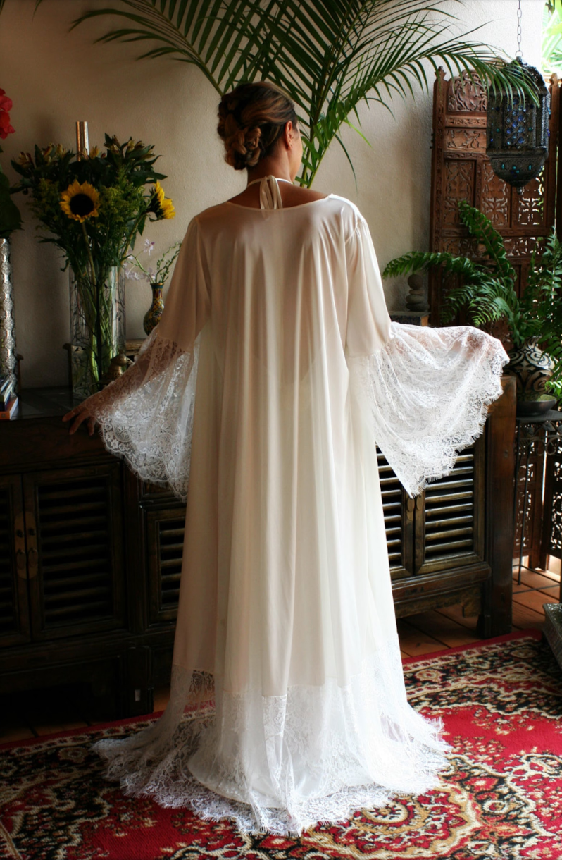 Satin Bridal Robe Lace Trimmed Angel Sleeve Wedding Sleepwear Bridal Lingerie Wedding Kimono Robe Satin Lingerie Wedding Robe