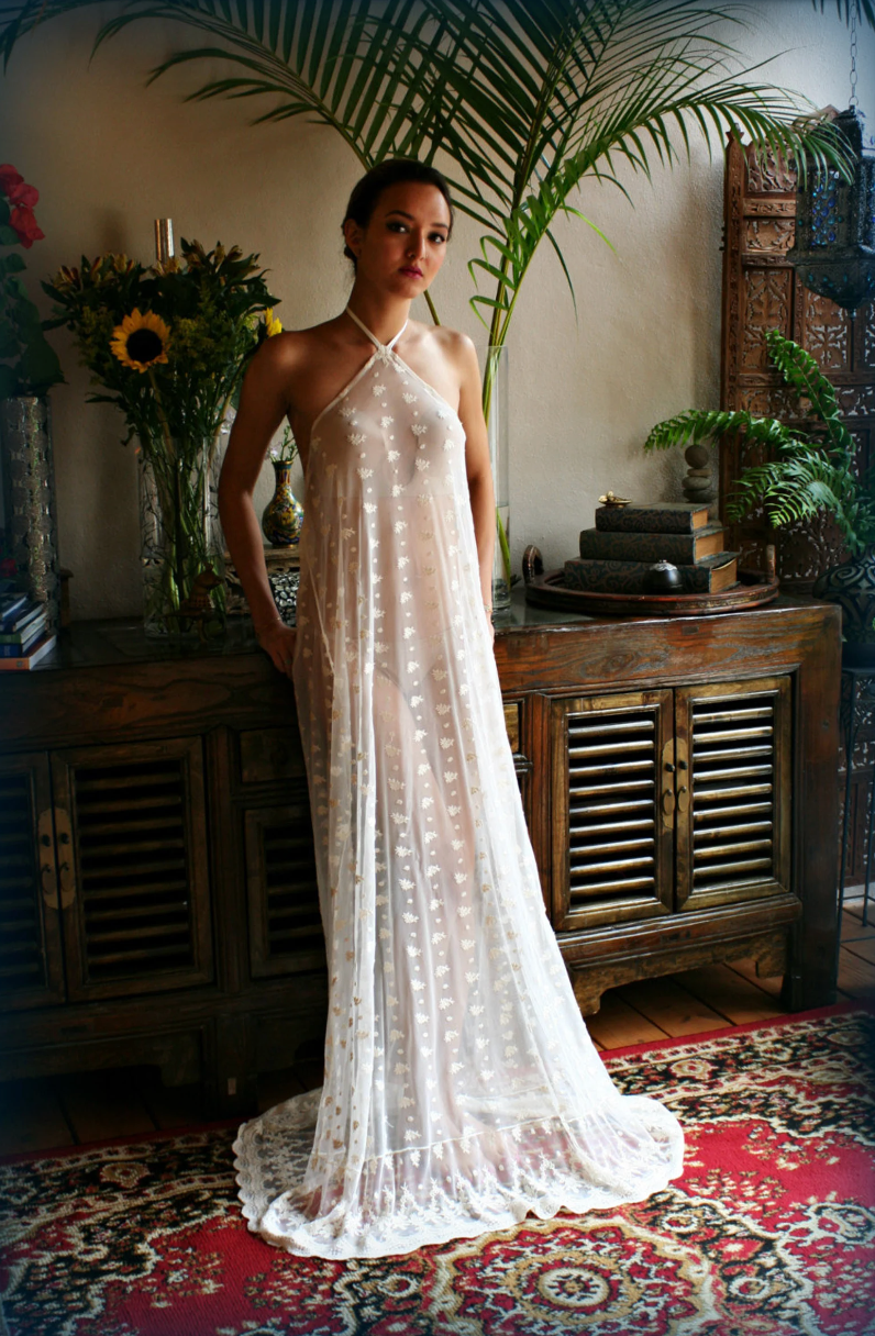 Bridal Nightgown Embroidered Lace Halter Backless Gown Wedding Sleepwear Lingerie Bridal Lingerie Honeymoon French Lace Ivory Lace