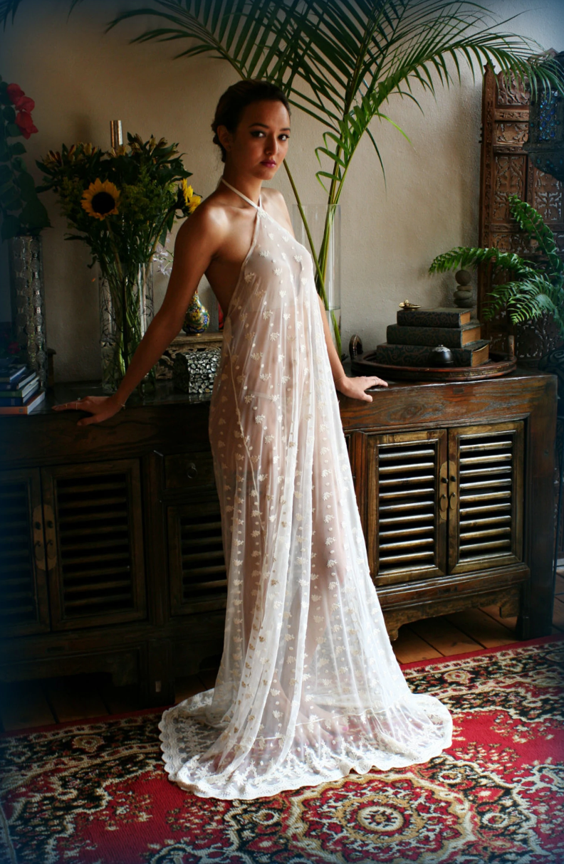 Bridal Nightgown Embroidered Lace Halter Backless Gown Wedding Sleepwear Lingerie Bridal Lingerie Honeymoon French Lace Ivory Lace