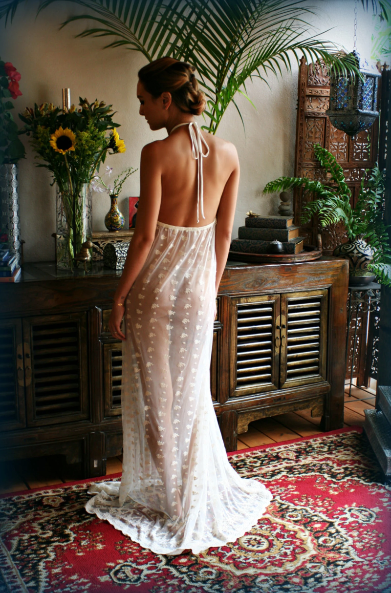 Bridal Nightgown Embroidered Lace Halter Backless Gown Wedding Sleepwear Lingerie Bridal Lingerie Honeymoon French Lace Ivory Lace