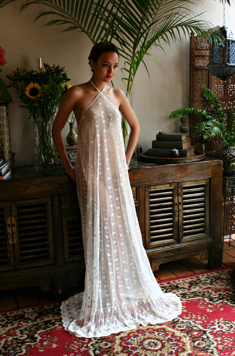 Bridal Nightgown Embroidered Lace Halter Backless Gown Wedding Sleepwear Lingerie Bridal Lingerie Honeymoon French Lace Ivory Lace
