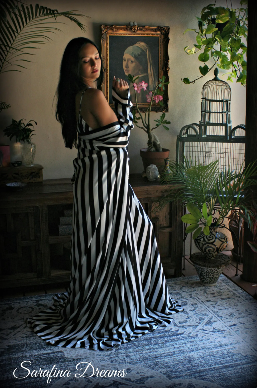 Black and white stripe satin wrap robe