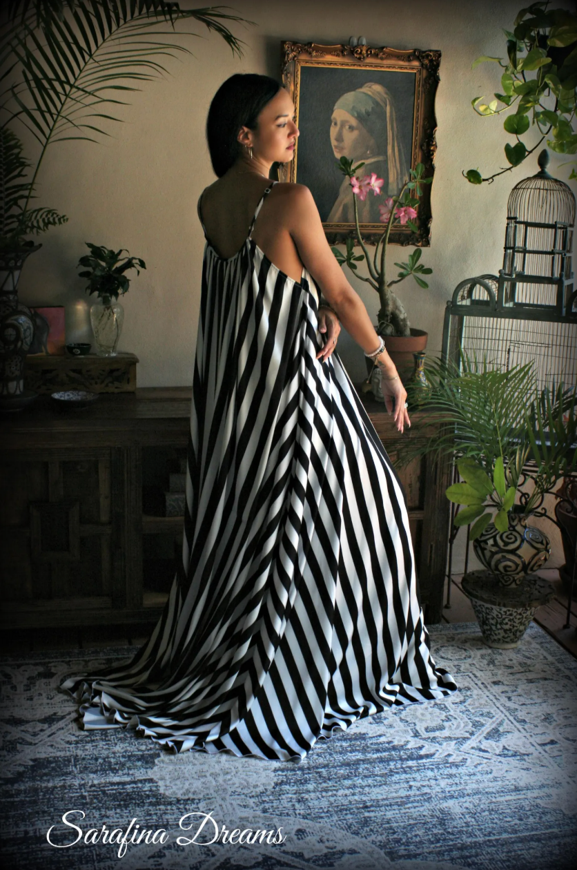 Black and white stripe satin Jane Austen style full swing nightgown
