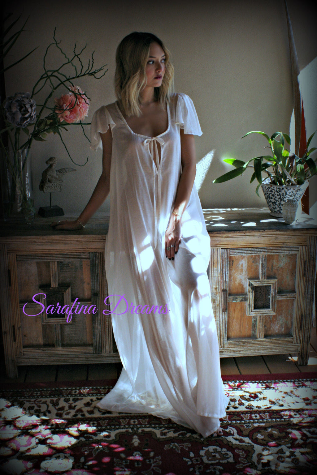 100% Cotton Nightgown Flutter Sleeve Tie Open Bodice  Lingerie Sleepwear White Nightgown Cotton Lingerie Honeymoon Cotton Sleepwear