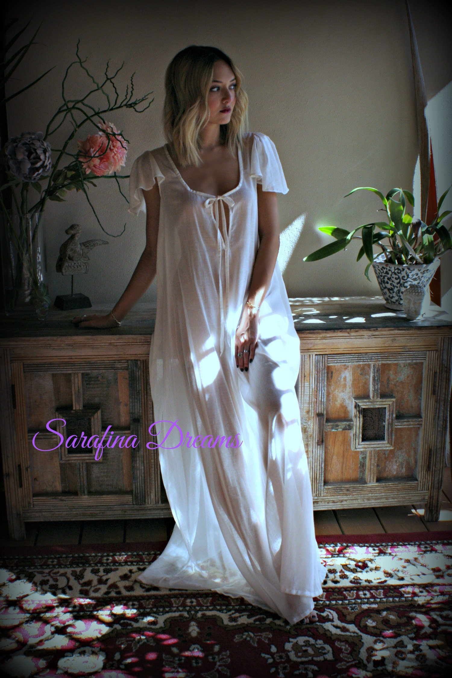 100% Cotton Nightgown Flutter Sleeve Tie Open Bodice  Lingerie Sleepwear White Nightgown Cotton Lingerie Honeymoon Cotton Sleepwear