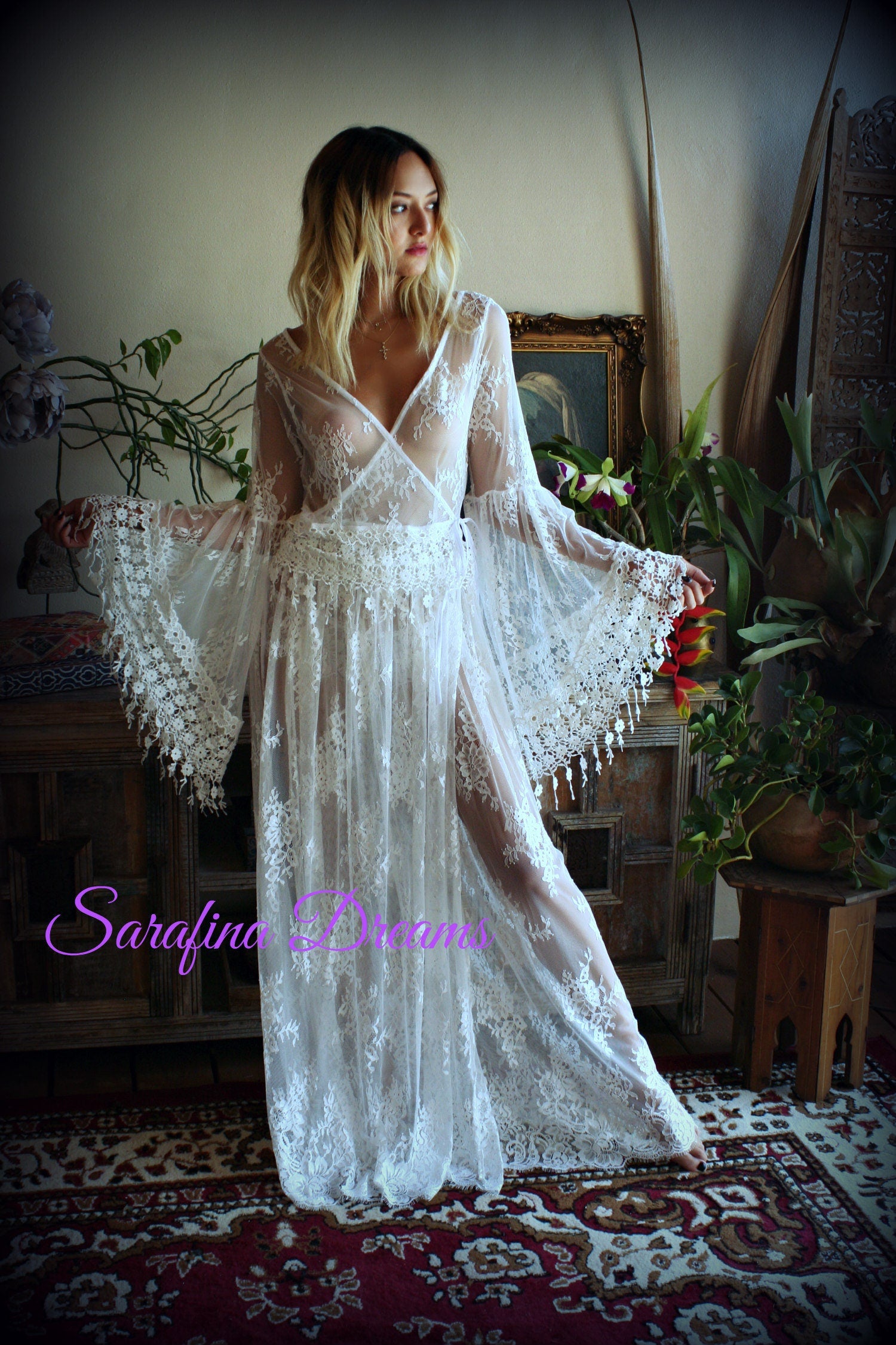 Bridal Lace Backless Robe With Panties Wedding Sleepwear Bridal Lingerie  Off White Lace Lingerie Lace Lingerie Honeymoon Lingerie