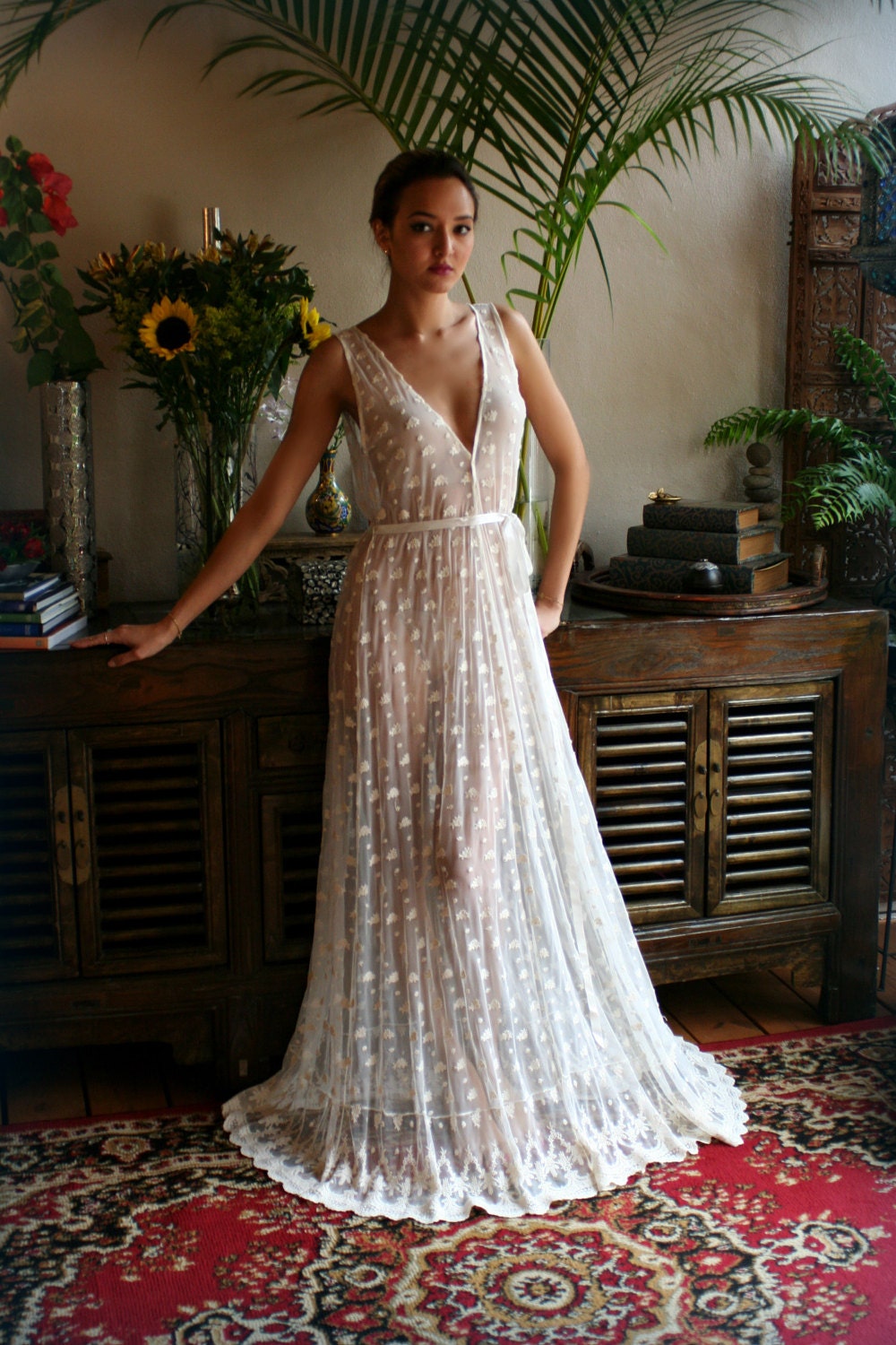 Embroidered Mesh Lace Nightgown Bridal Lingerie WeddingArt Deco Sleepwear Bridal Nightgown Ivory Lace Honeymoon Trousseau Lingerie