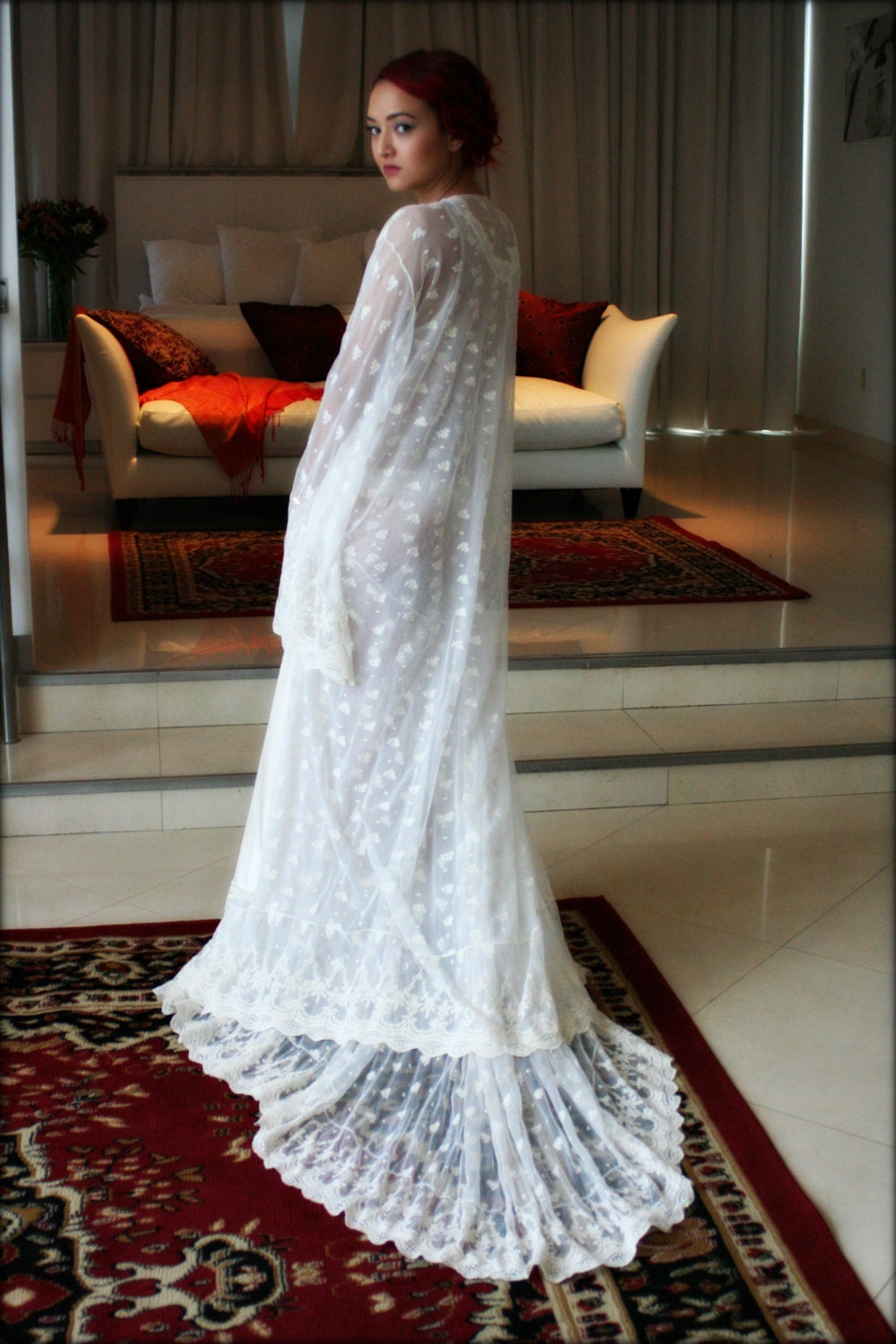 Embroidered Lace Bridal Robe French Lace Wedding Robe Bridal Lingerie Wedding Sleepwear Art Deco Lace Robe Wedding Trousseau Honeymoon Robe