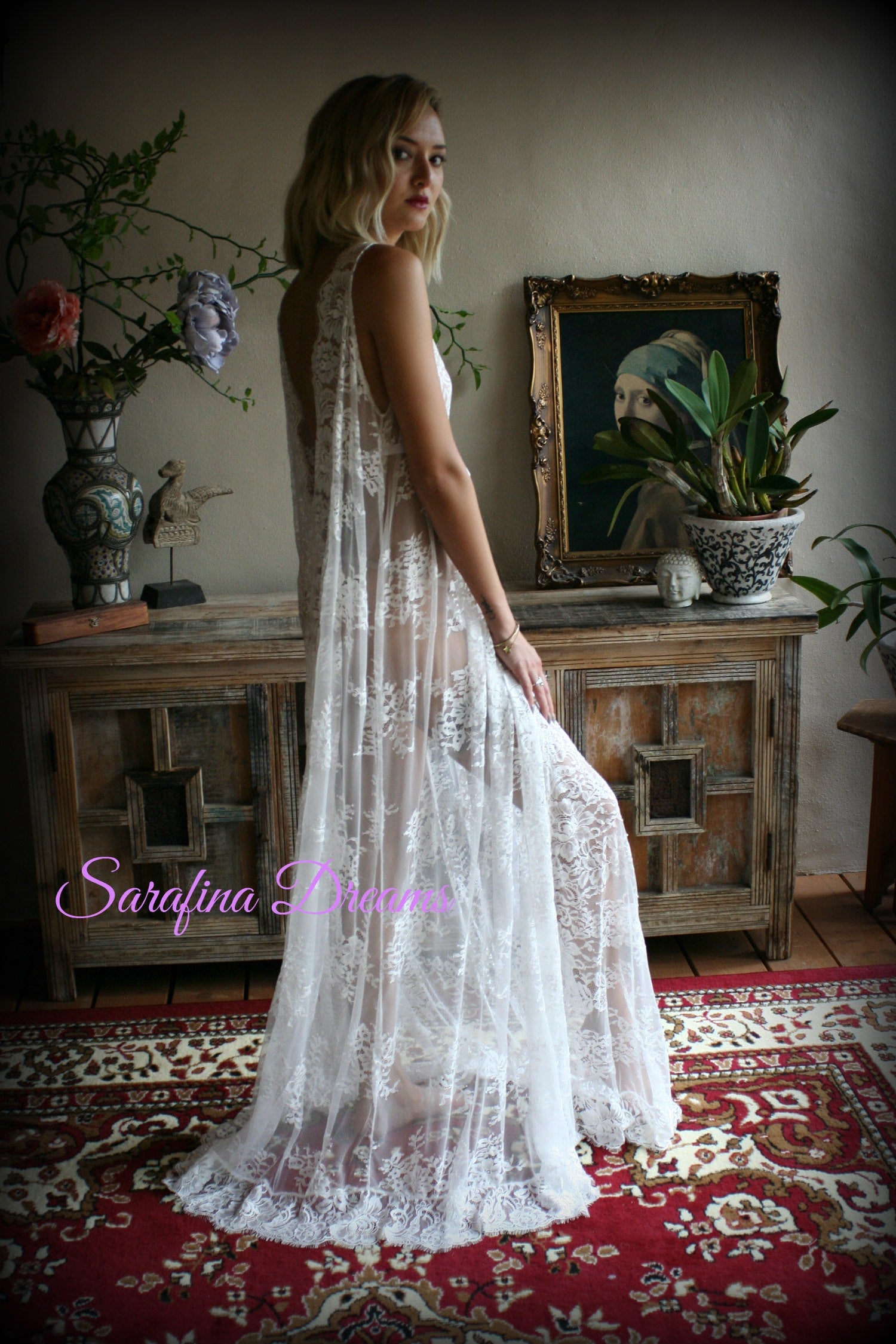 Bridal Lace Backless Nightgown Wedding Sleepwear Bridal Lingerie  Off White Lace Lingerie Lace Sleepwear Honeymoon Lingerie