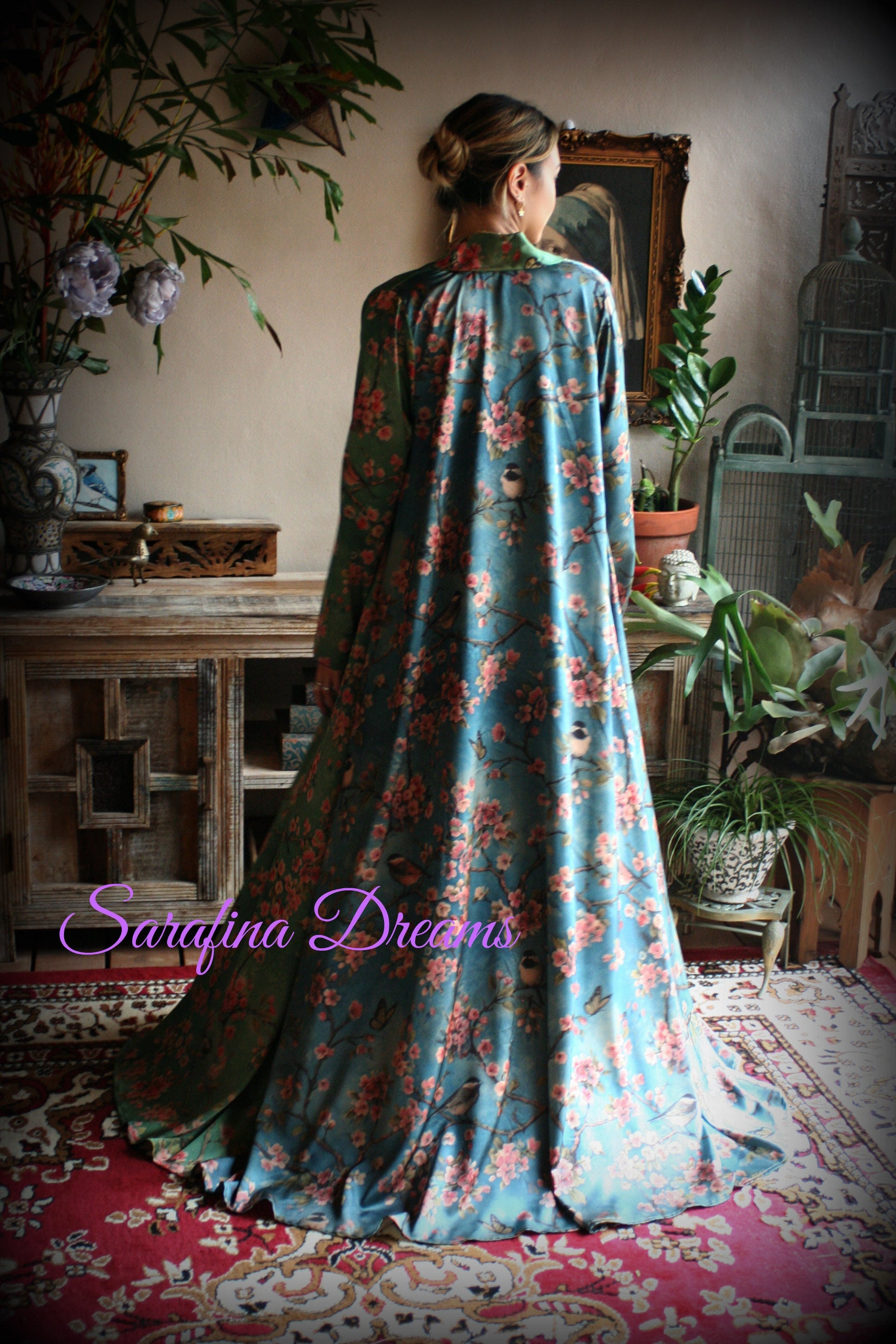 Satin Wrap Robe and Nightgown Set Bird Print Kimono Satin Lingerie Bridal Honeymoon Robe Green Blue Satin Robe Satin Bridal Lingerie SET