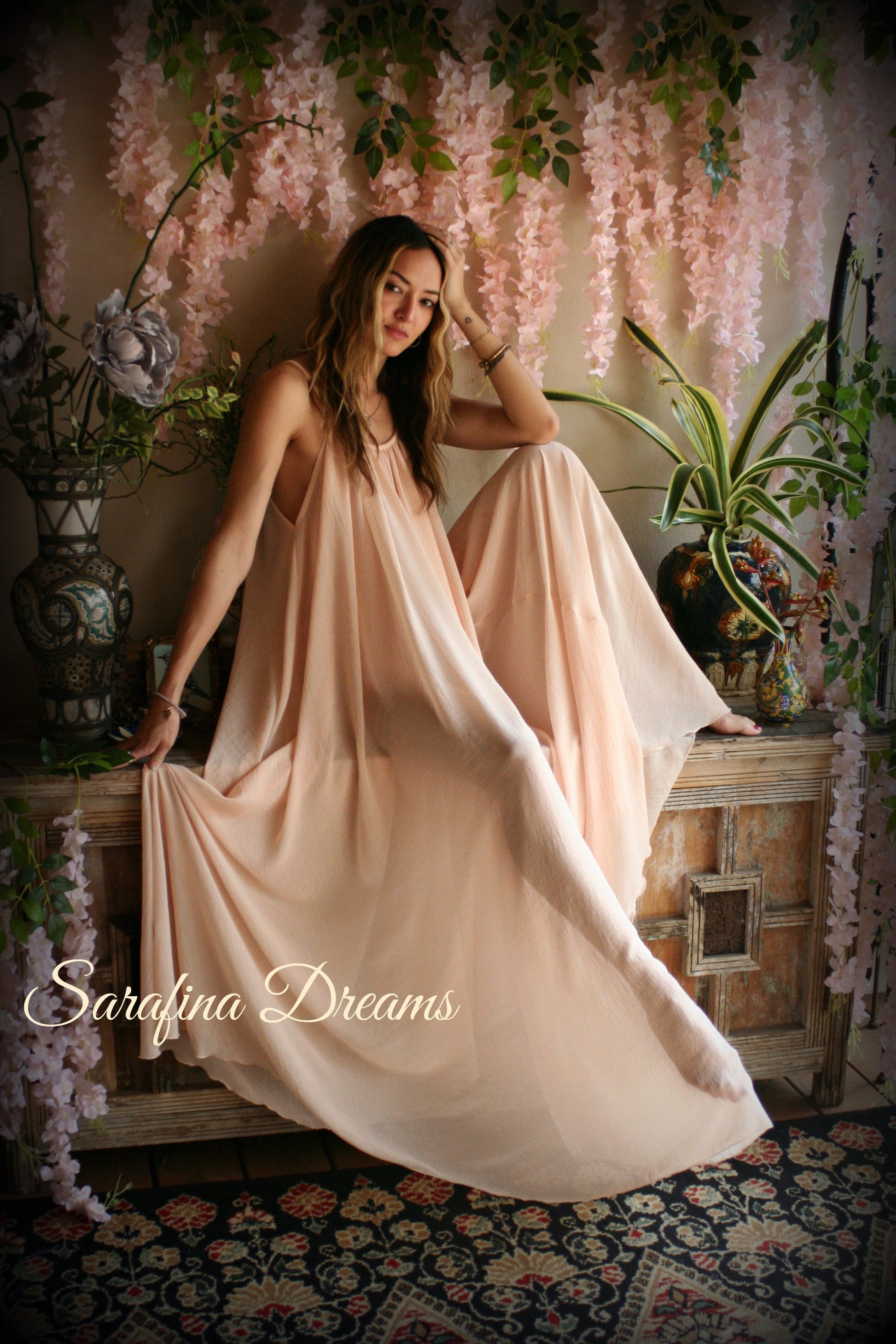 Blush Chiffon Bridal Nightgown Wedding Lingerie Chiffon Sleepwear Full Sweep Nightgown Honeymoon Trousseau Sleepwear wedding Sleepwear