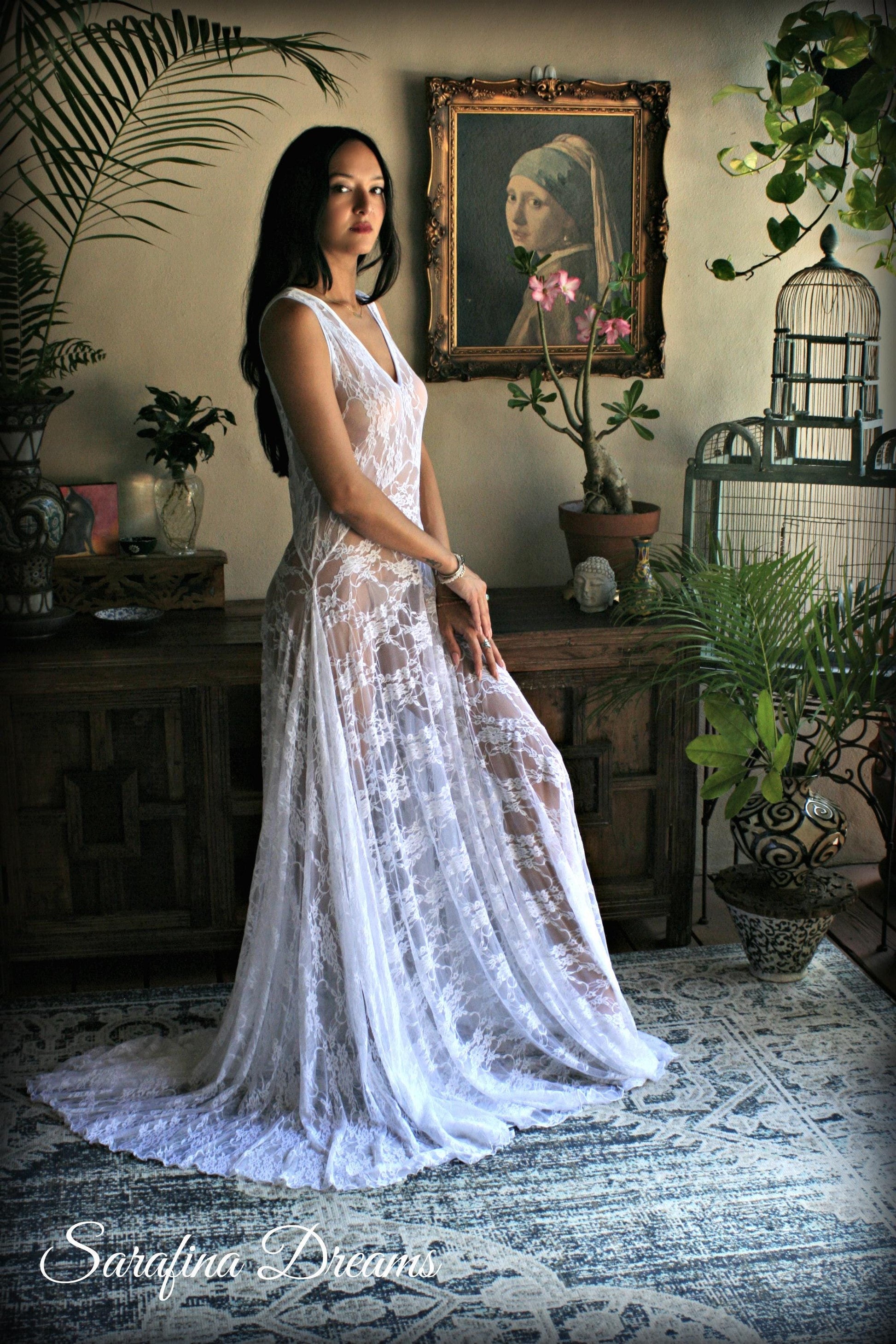 White Lace Bridal Nightgown With Train Wedding Lingerie Bridal Sleepwear Art Deco Bridal Honeymoon Trousseau Sleepwear Wedding Nightgown