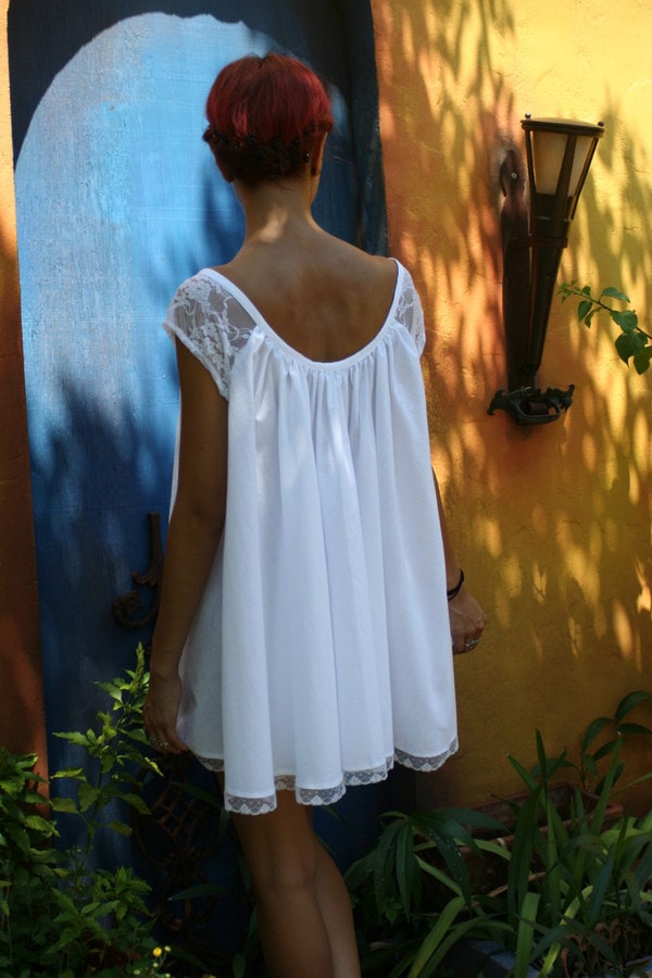 White Cotton Baby Doll Nightgown Shabby Chic Full Swing Lace Cap Sleeve Summer Lingerie Sleepwear Bridal Honeymoon Trousseau Holiday Cruise