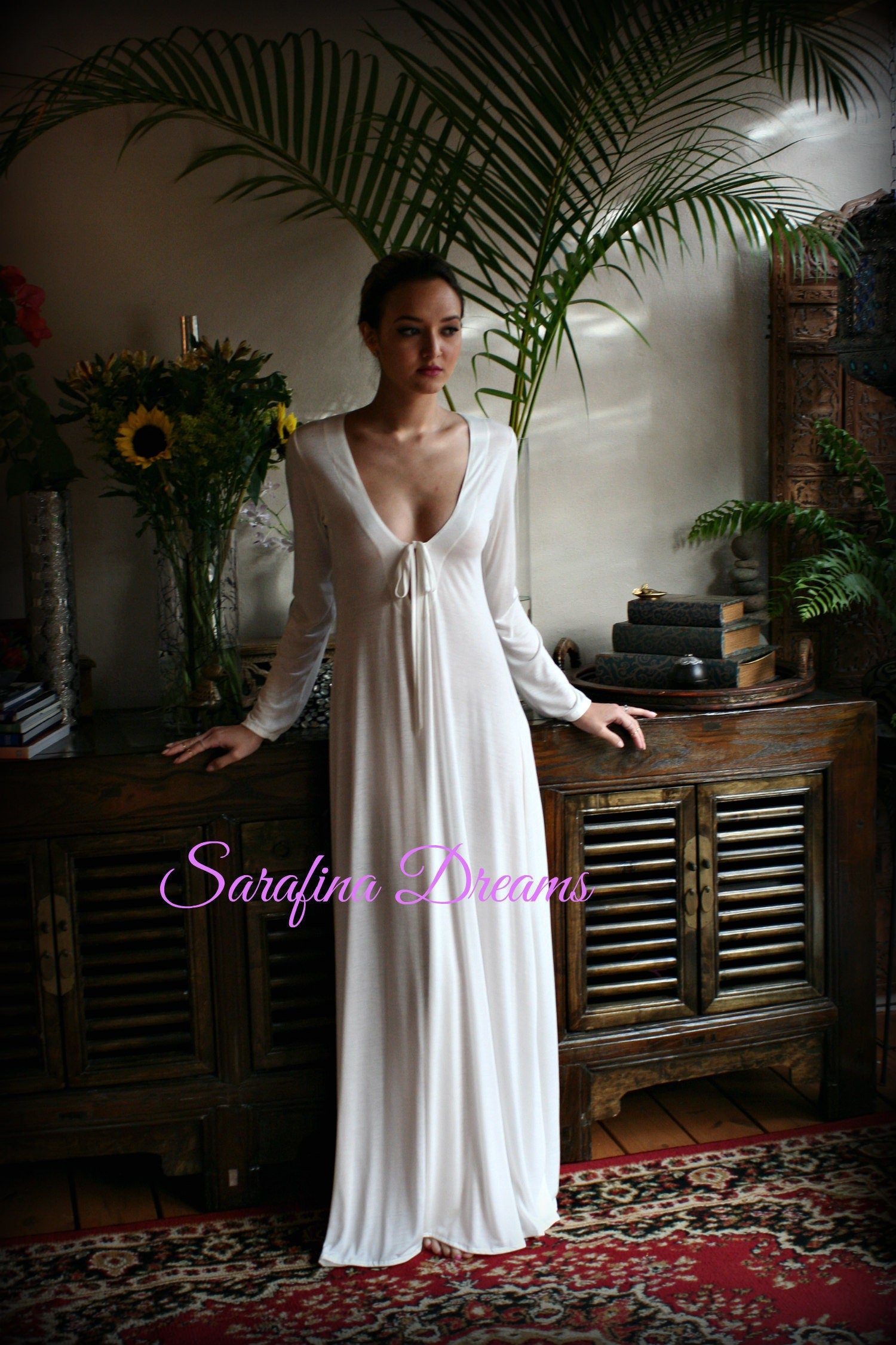 Ivory Silk Knit T Shirt Nightgown Silk Sleep Shirt Lingerie  Sleepwear Bridal Lingerie Wedding Nightgown Long Sleeve Nightgown