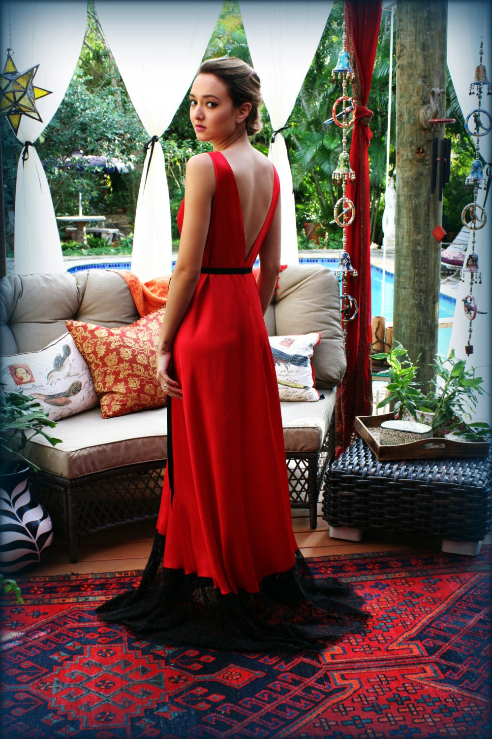 Lipstick Red Satin Nightgown Black Lace Trim Red Lingerie Red Sleepwear