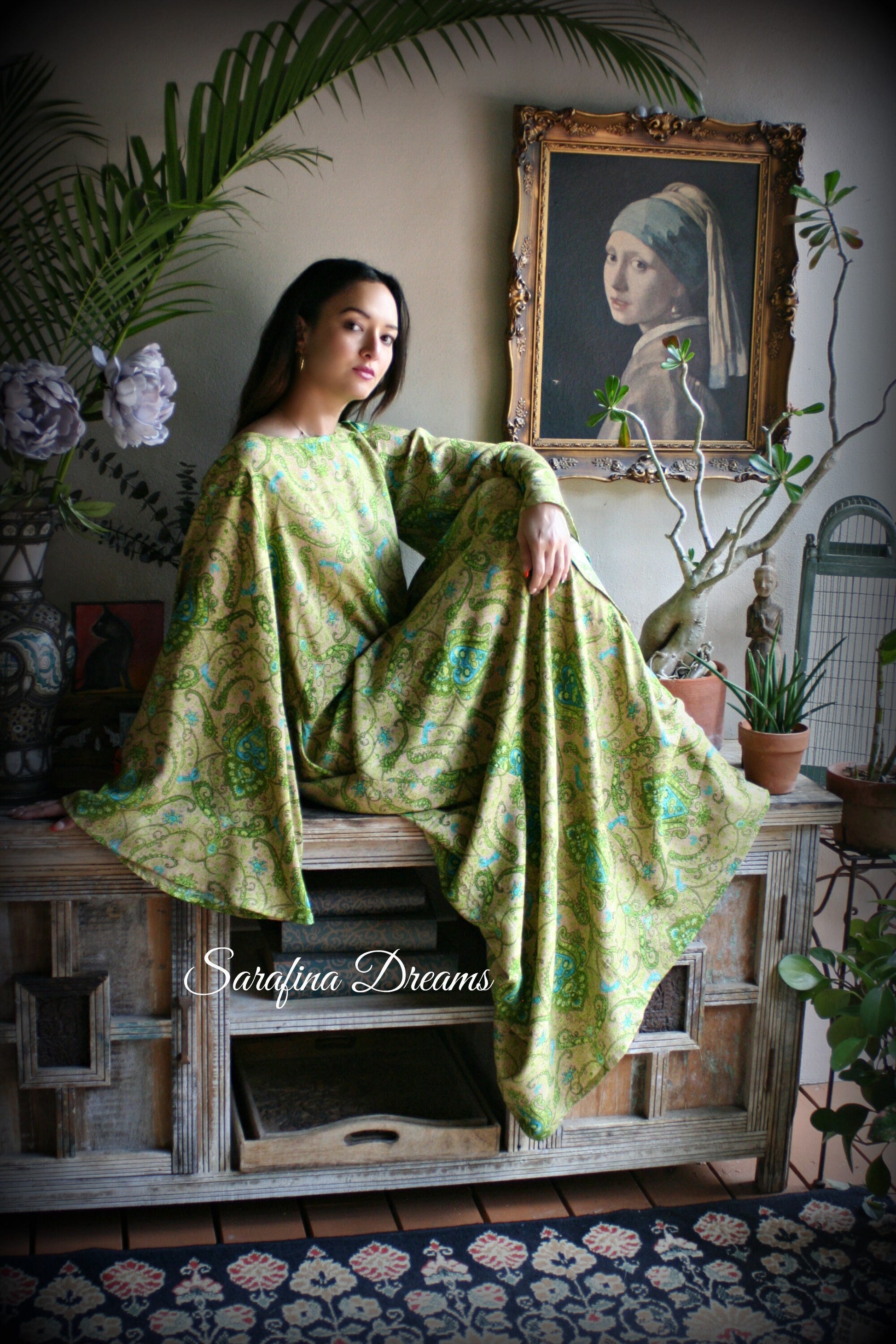 Rayon Nightgown Green Bohemian Print Caftan Sleepwear Backless Dress Nightgown Bridal Nightgown Lingerie Bridal Lingerie