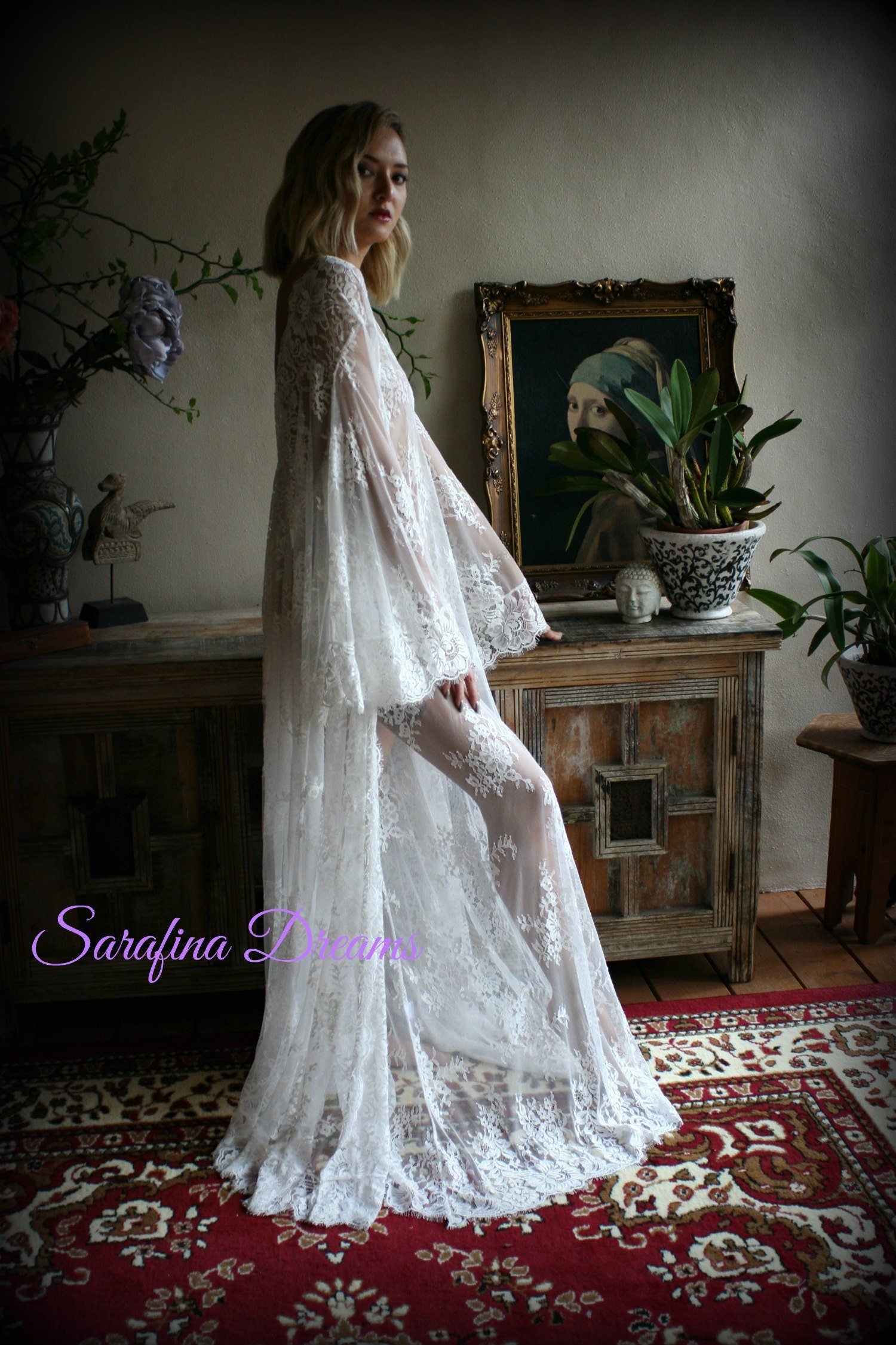 Bridal Lace Wedding Robe Bridal Lingerie Wedding Sleepwear Off White Lace Lingerie Bridal Robe Honeymoon Lingerie Lace Robe Kimono
