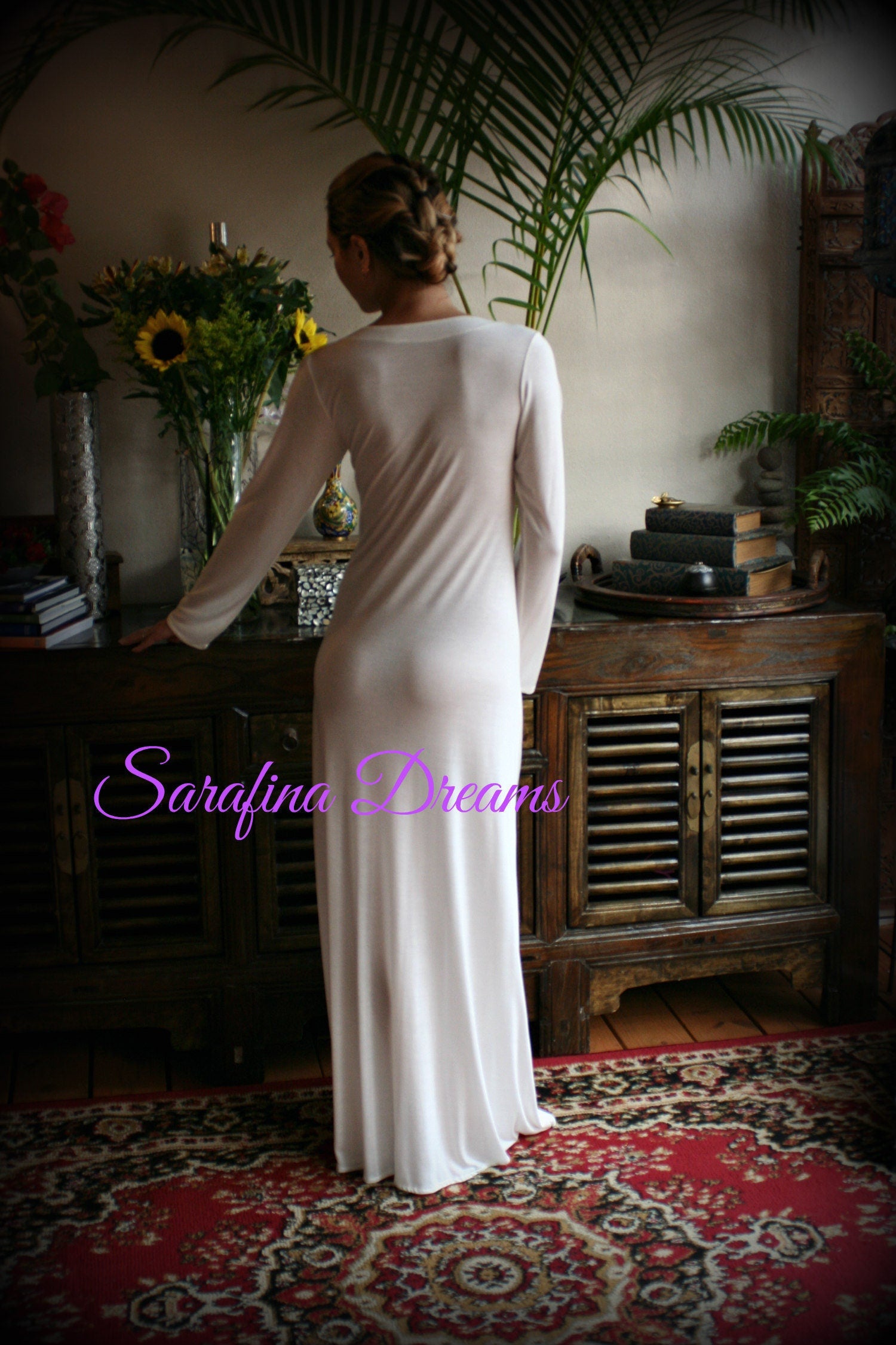 Ivory Silk Knit T Shirt Nightgown Silk Sleep Shirt Lingerie  Sleepwear Bridal Lingerie Wedding Nightgown Long Sleeve Nightgown