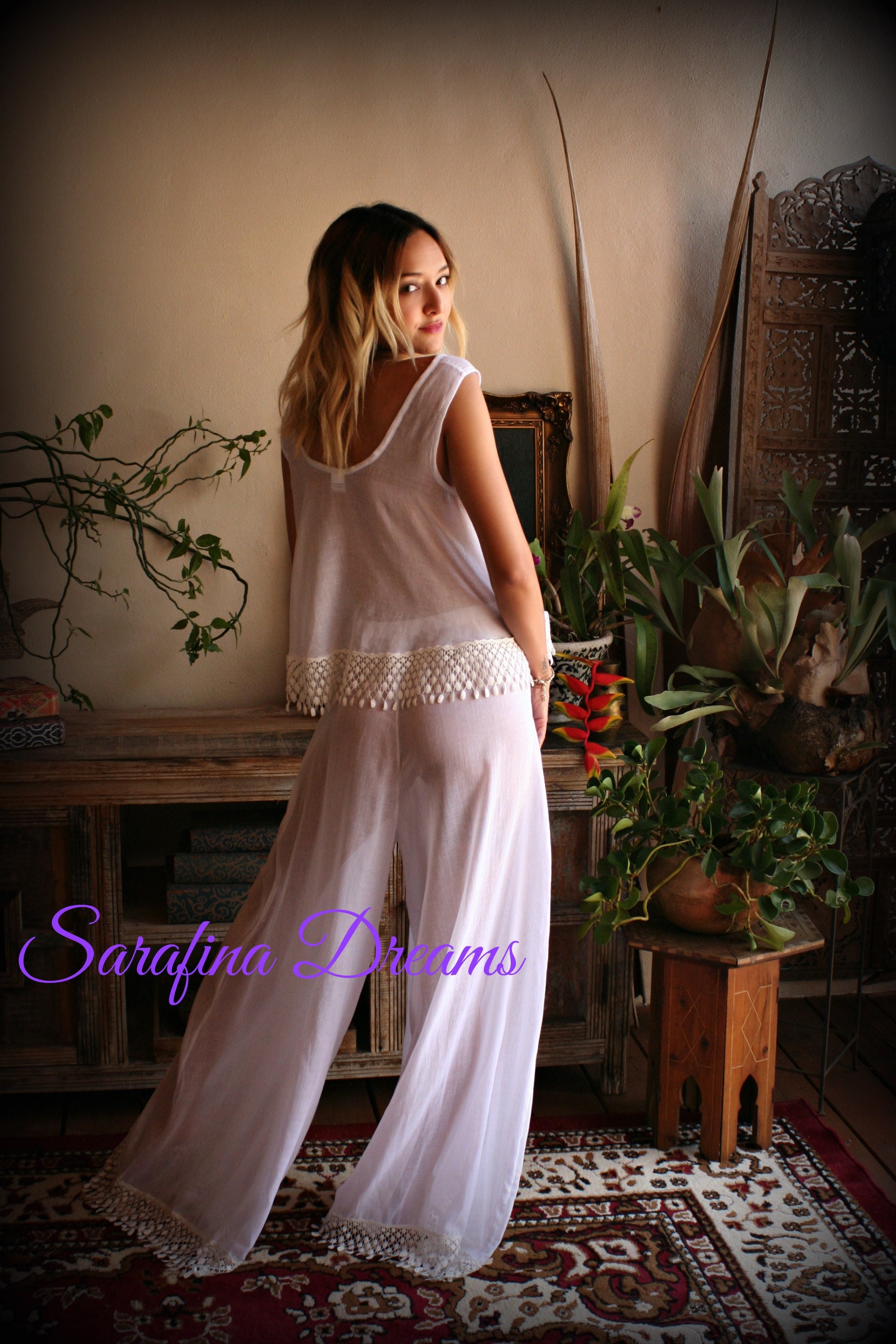Cotton Pajama Palazzo Pant Venice Lace Swing Top Bridal Honeymoon Wedding Lingerie Bridal Lingerie Cotton Lingerie White Cotton