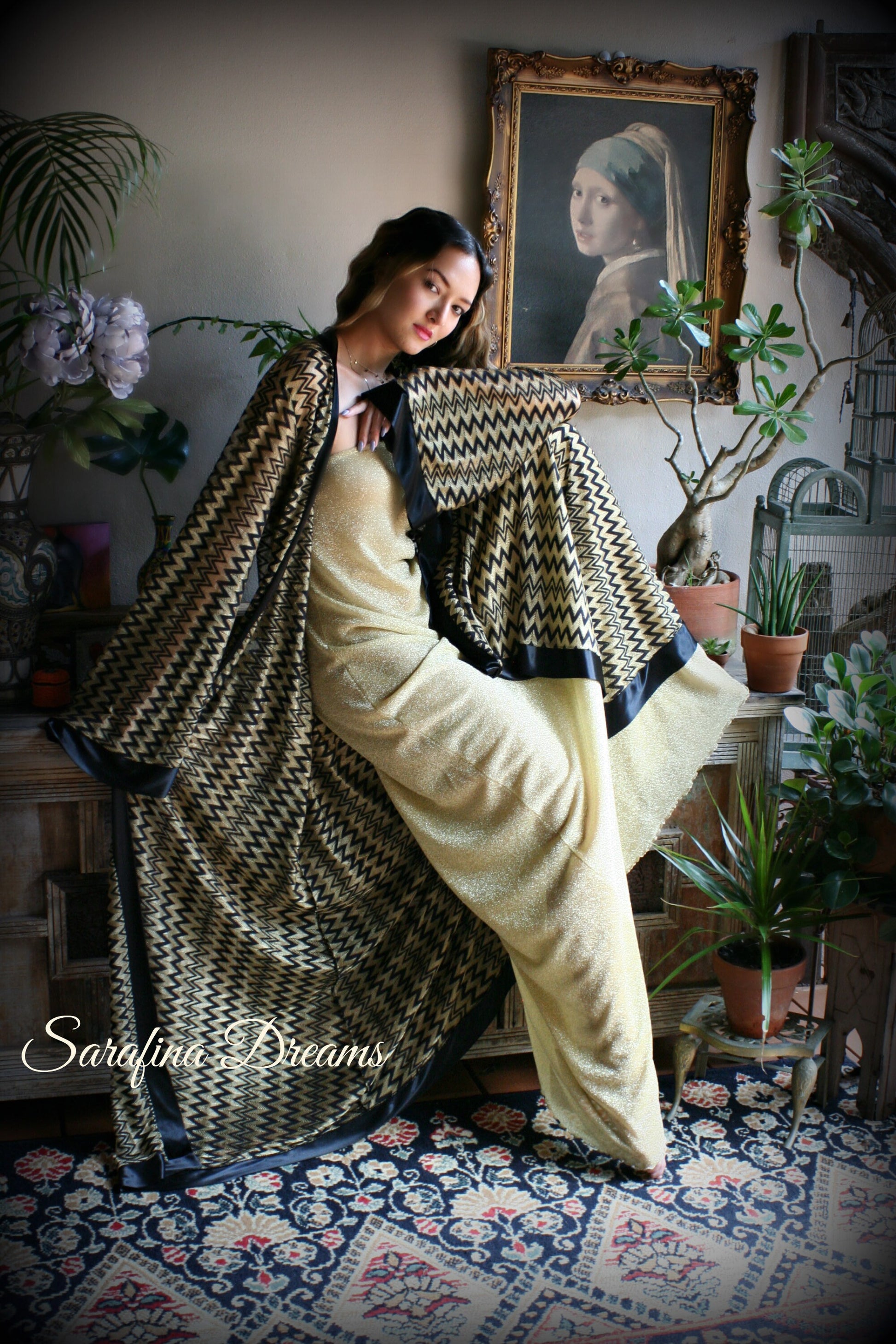 Black Gold Metallic Kimono Robe Black Satin Banded Missoni Style Knit Wrap Lingerie Robe Sleepwear